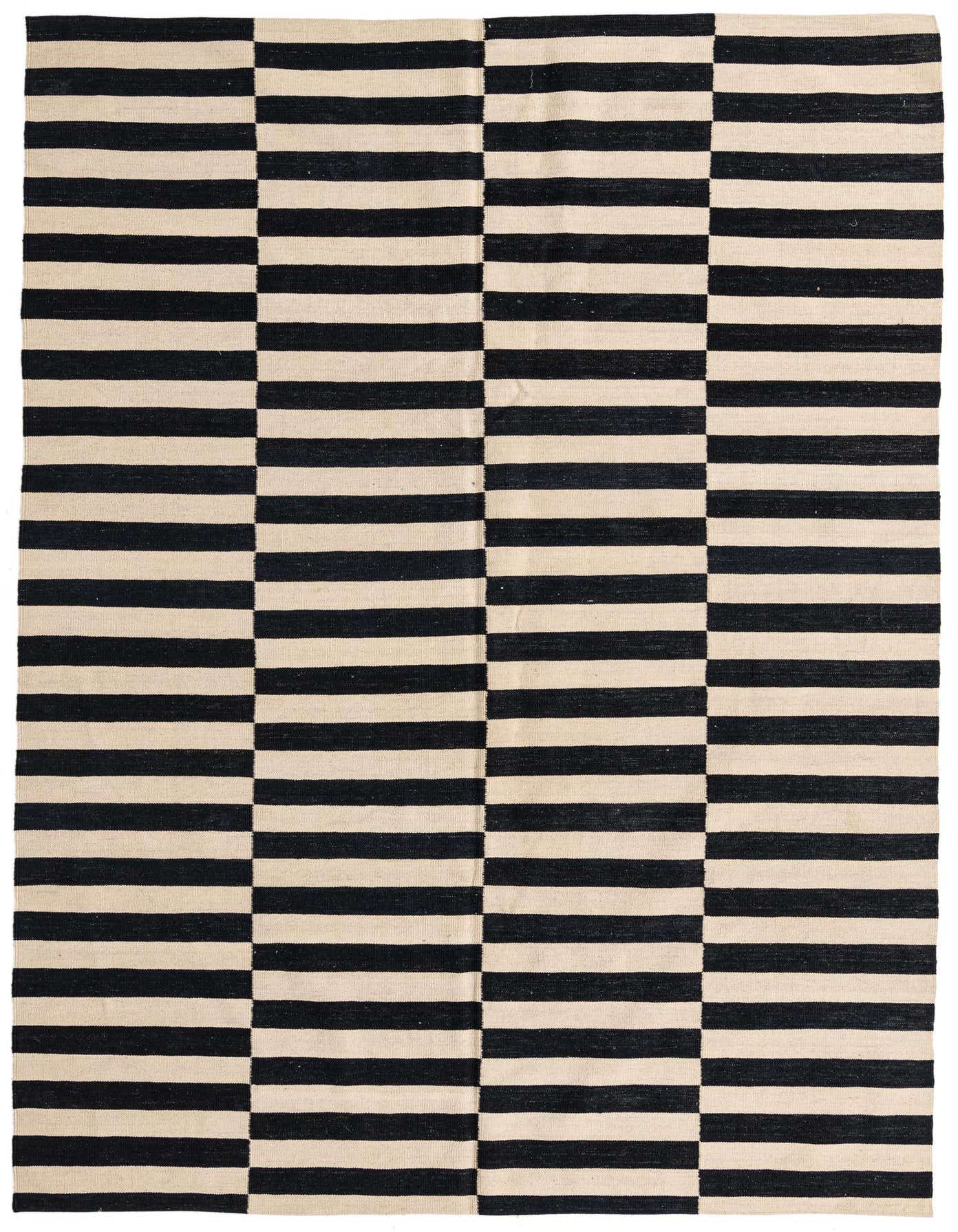 A 7x10 rectangular Kilim Modern rug with a bold black and cream stripe pattern, perfect for a living room.