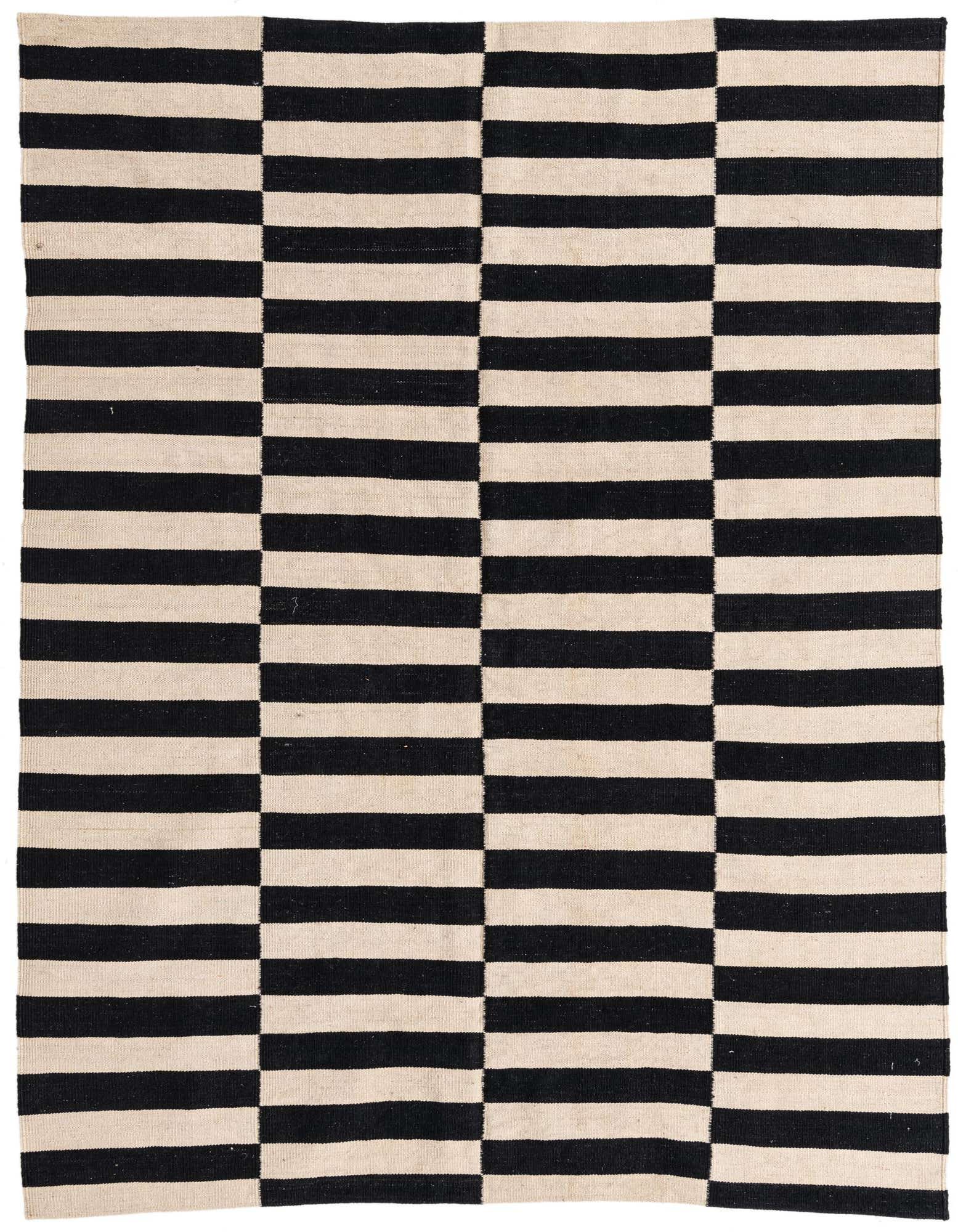 A 5x8 rectangular black and cream flatweave wool rug with a bold horizontal stripe pattern, ideal for a modern living room.