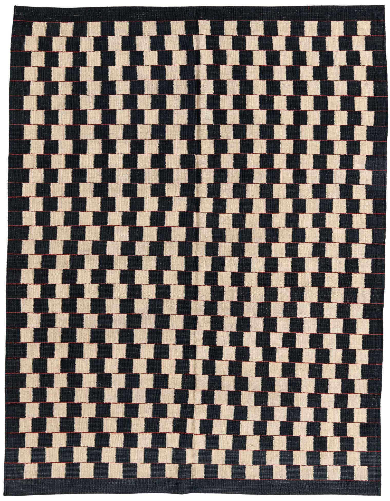A 5x8 rectangular Kilim Modern rug with a bold black and ivory checkerboard pattern, featuring thin red lines between rows, and a solid black border.