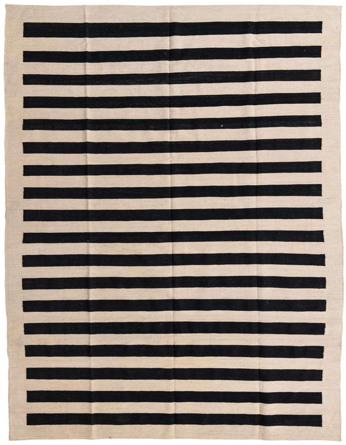 A 7x10 rectangular flatweave rug with bold black and ivory horizontal stripes, perfect for a modern living room.