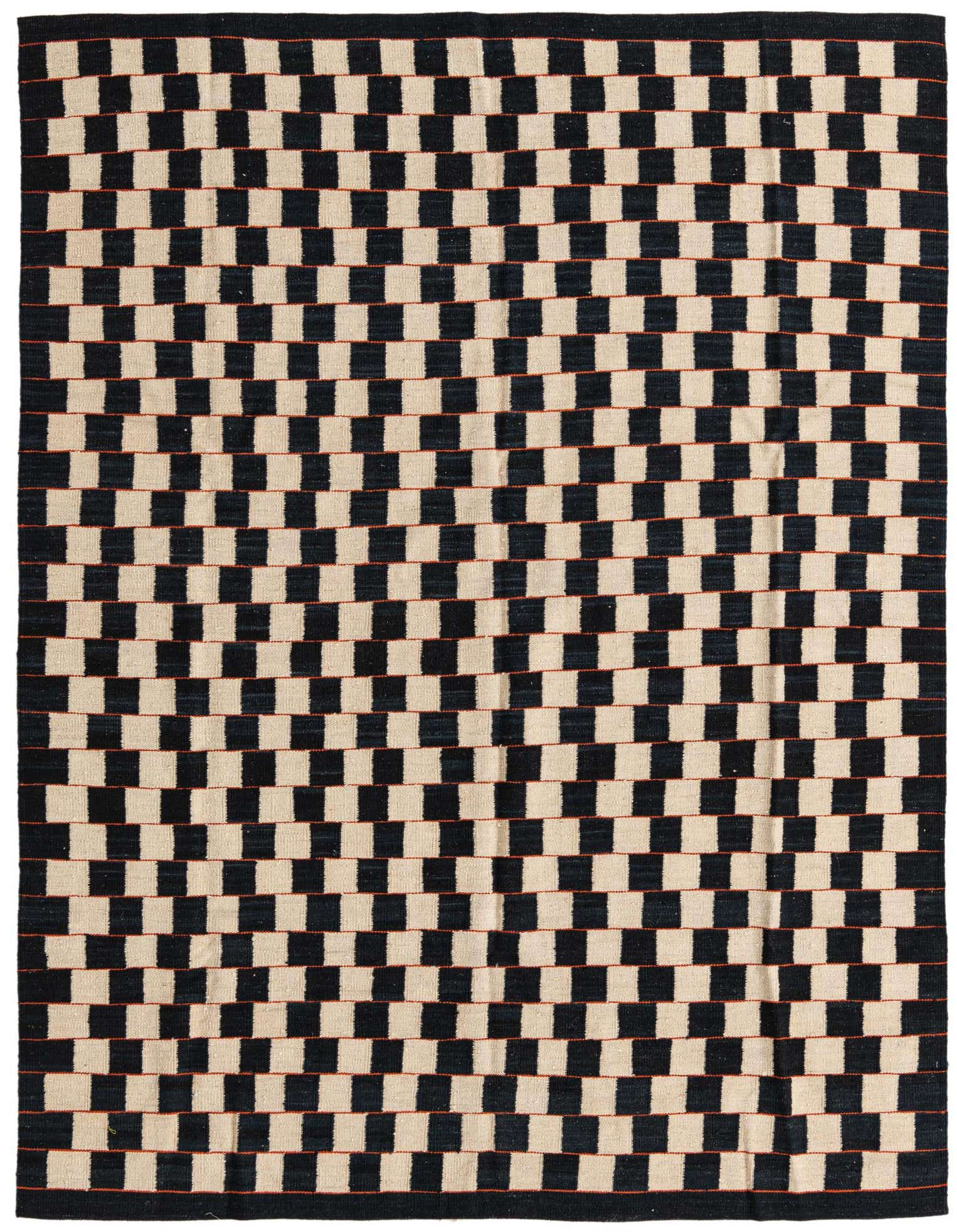 A 5x8 rectangular black and ivory flatweave rug with a modern tribal checkerboard pattern, suitable for a living room.