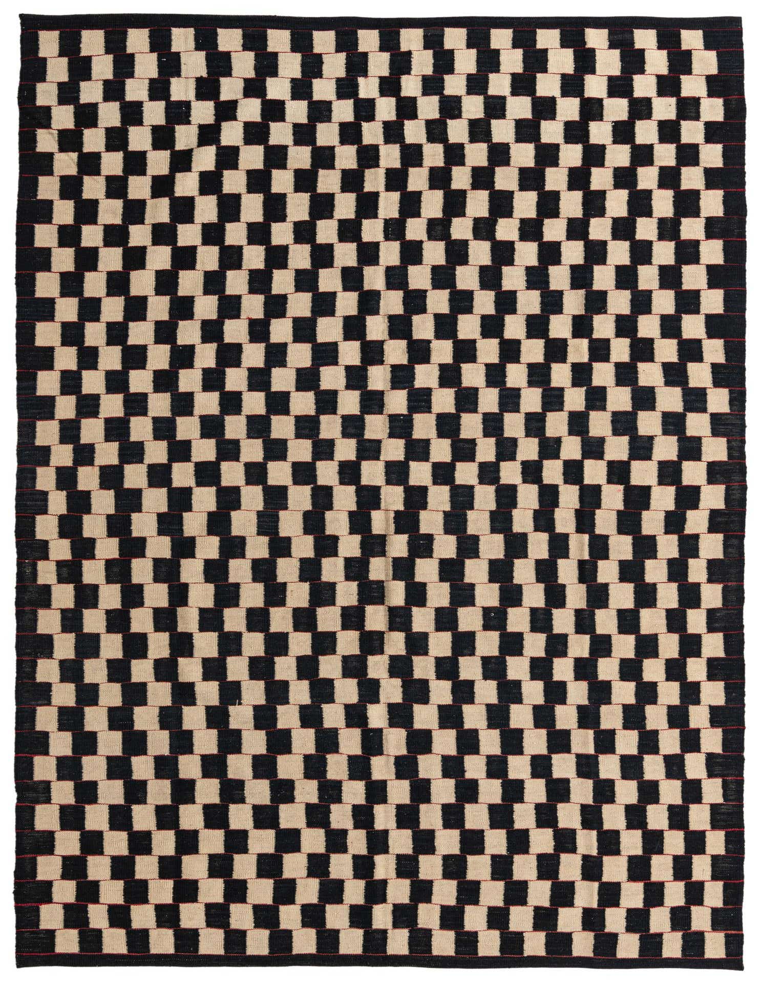 A 6x9 rectangular flatweave rug featuring a bold black and ivory checkerboard pattern, suitable for a modern living room.