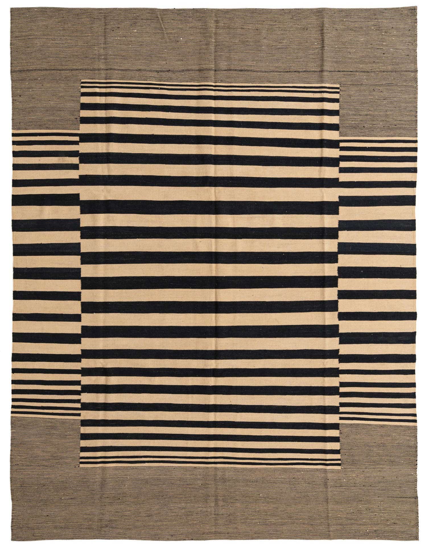 A 7x10 rectangular flatweave Kilim Modern rug featuring bold black and cream stripes with a solid black border.