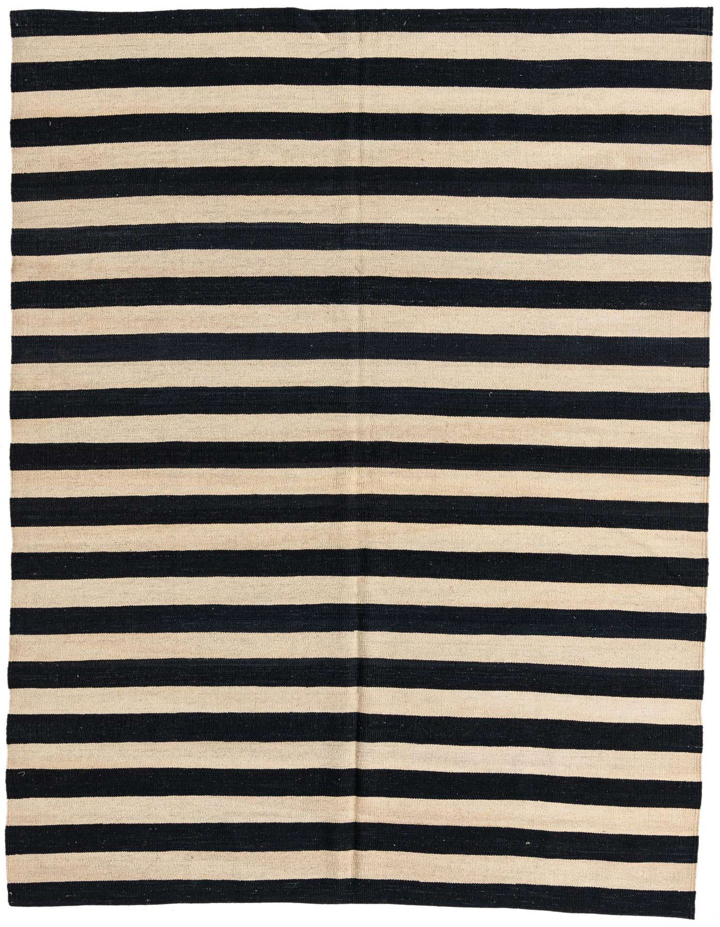 A 6x9 rectangular Kilim Modern wool rug featuring bold black and cream horizontal stripes, suitable for a living room.