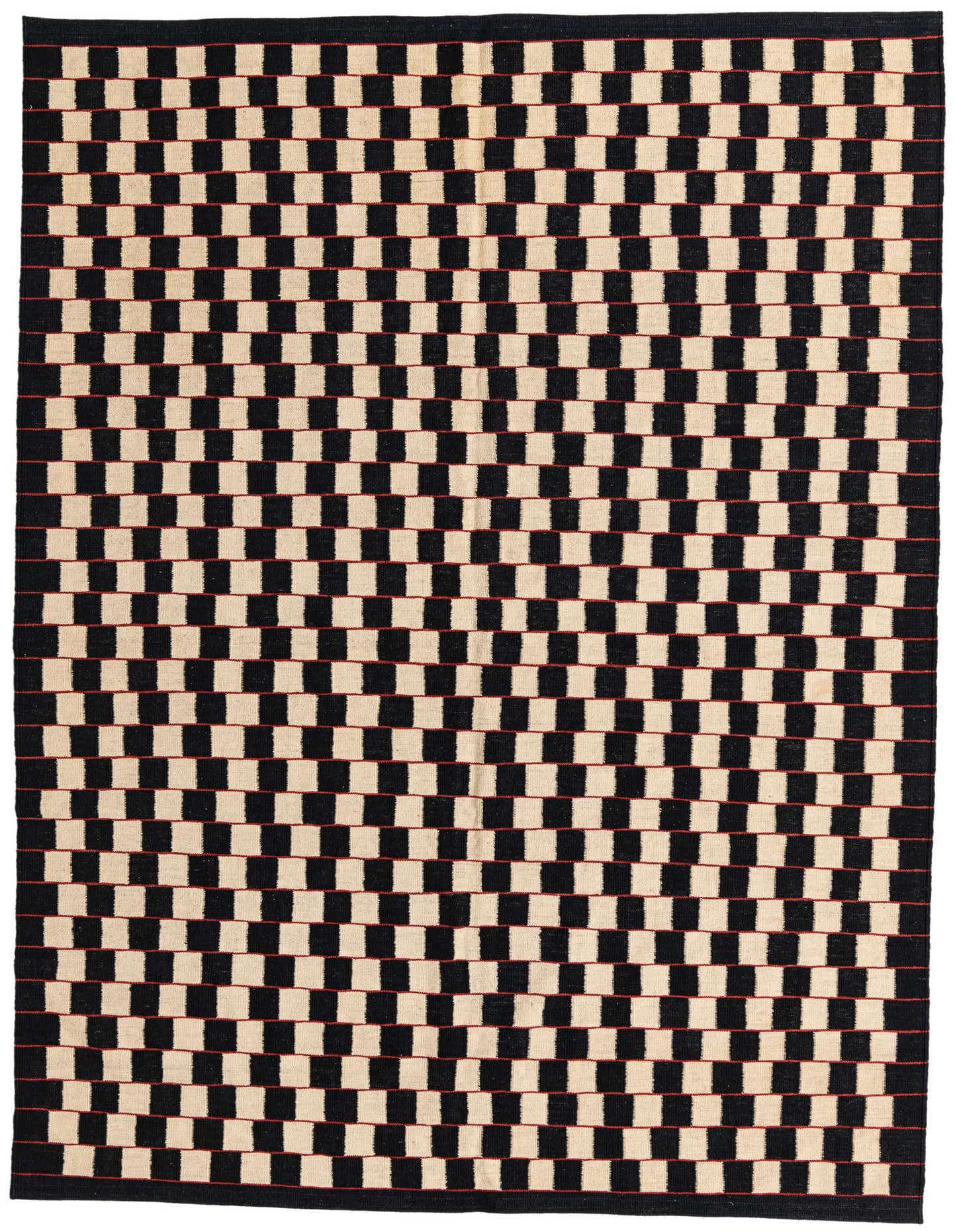 A 6x9 rectangular flatweave rug with a bold black and ivory checkerboard pattern, accented by thin red lines.