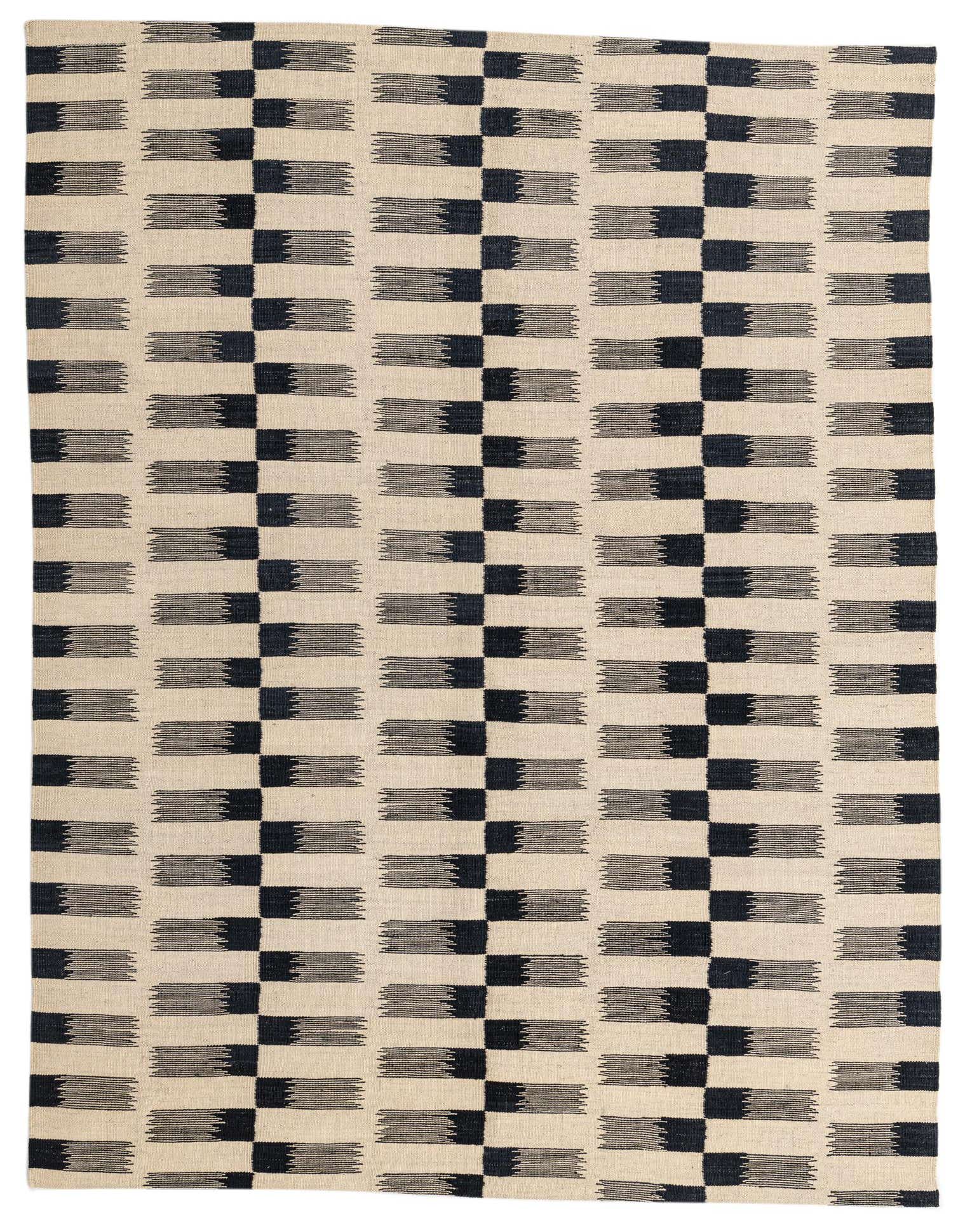 A 5x8 rectangular Kilim Modern rug with a tribal stripe pattern in black and ivory, suitable for a living room.