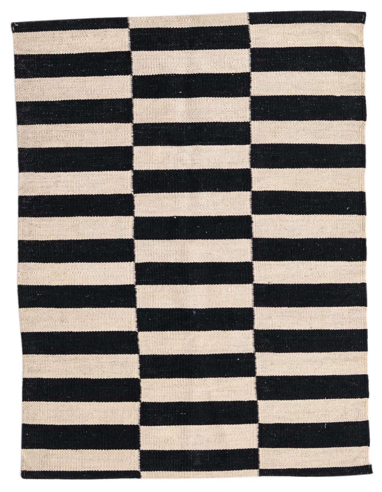 A 3x4 rectangular flatweave rug featuring a bold black and ivory striped pattern, perfect for a modern or tribal decor.