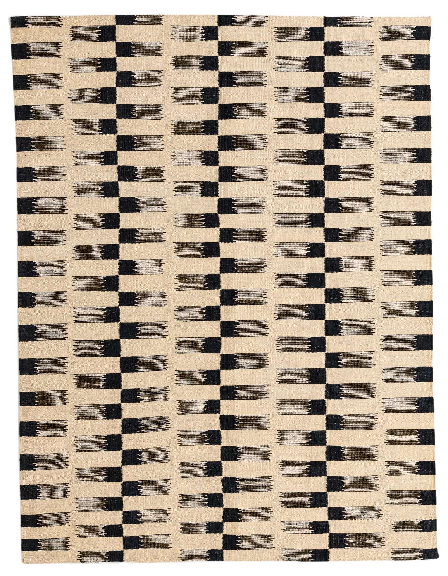 A 5x8 rectangular Kilim Modern rug with a black and cream tribal stripe pattern, handmade from wool.