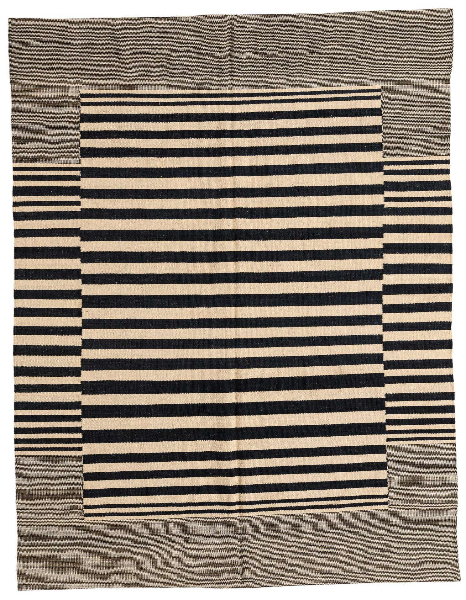 A 5x8 rectangular black and ivory flatweave rug with a bold striped tribal pattern and a solid black border.