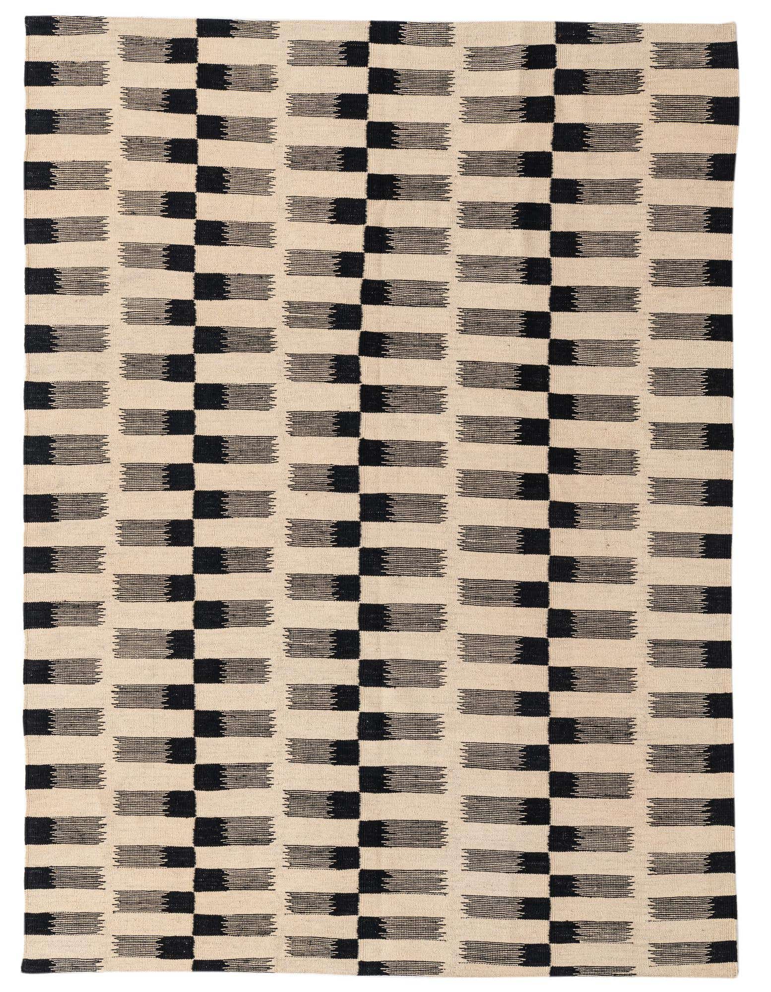 A 5x8 rectangular black and ivory flatweave wool rug with a modern tribal stripe pattern.