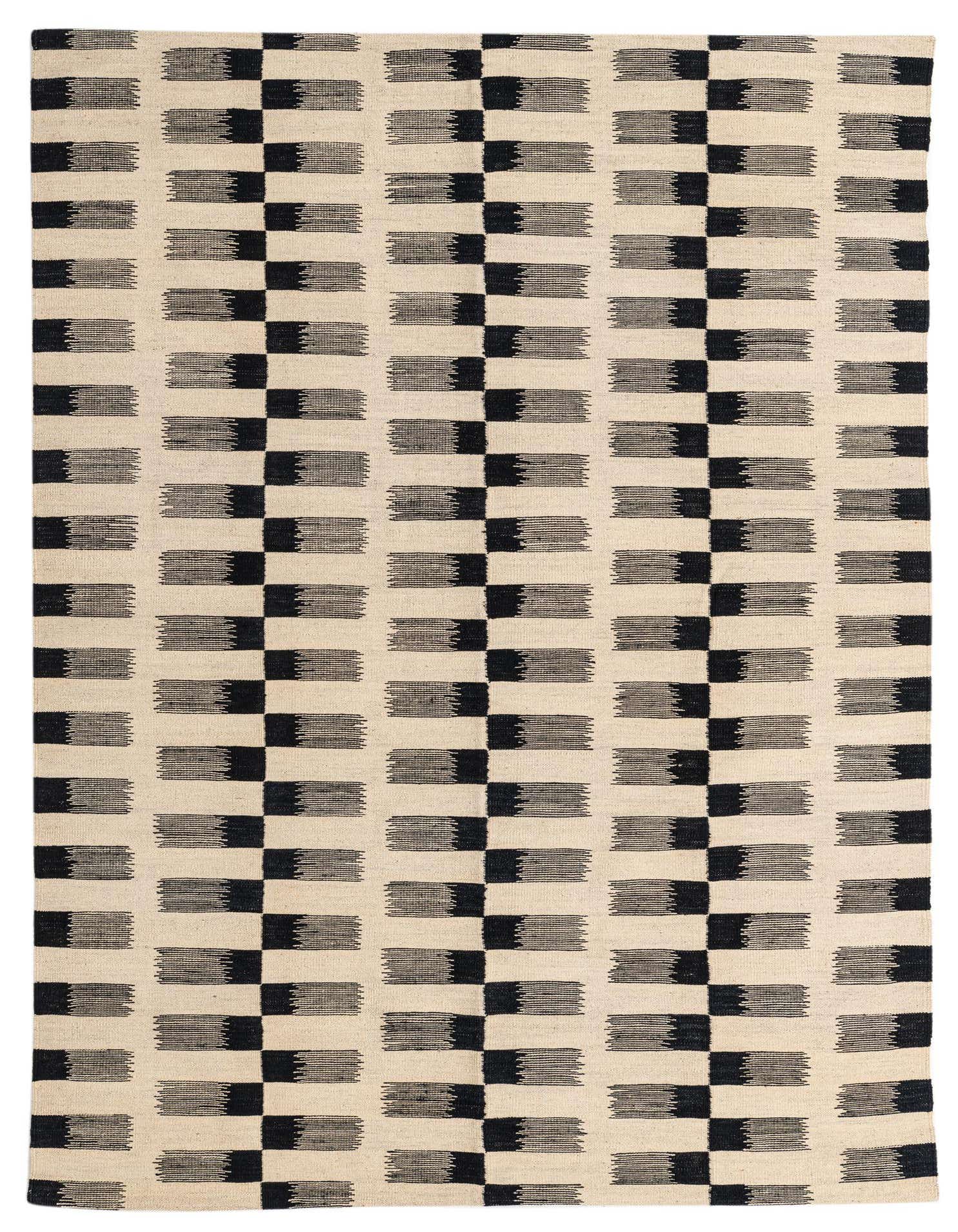 A 5x8 rectangular Kilim Modern wool rug featuring a repeating tribal stripe pattern in black and ivory.