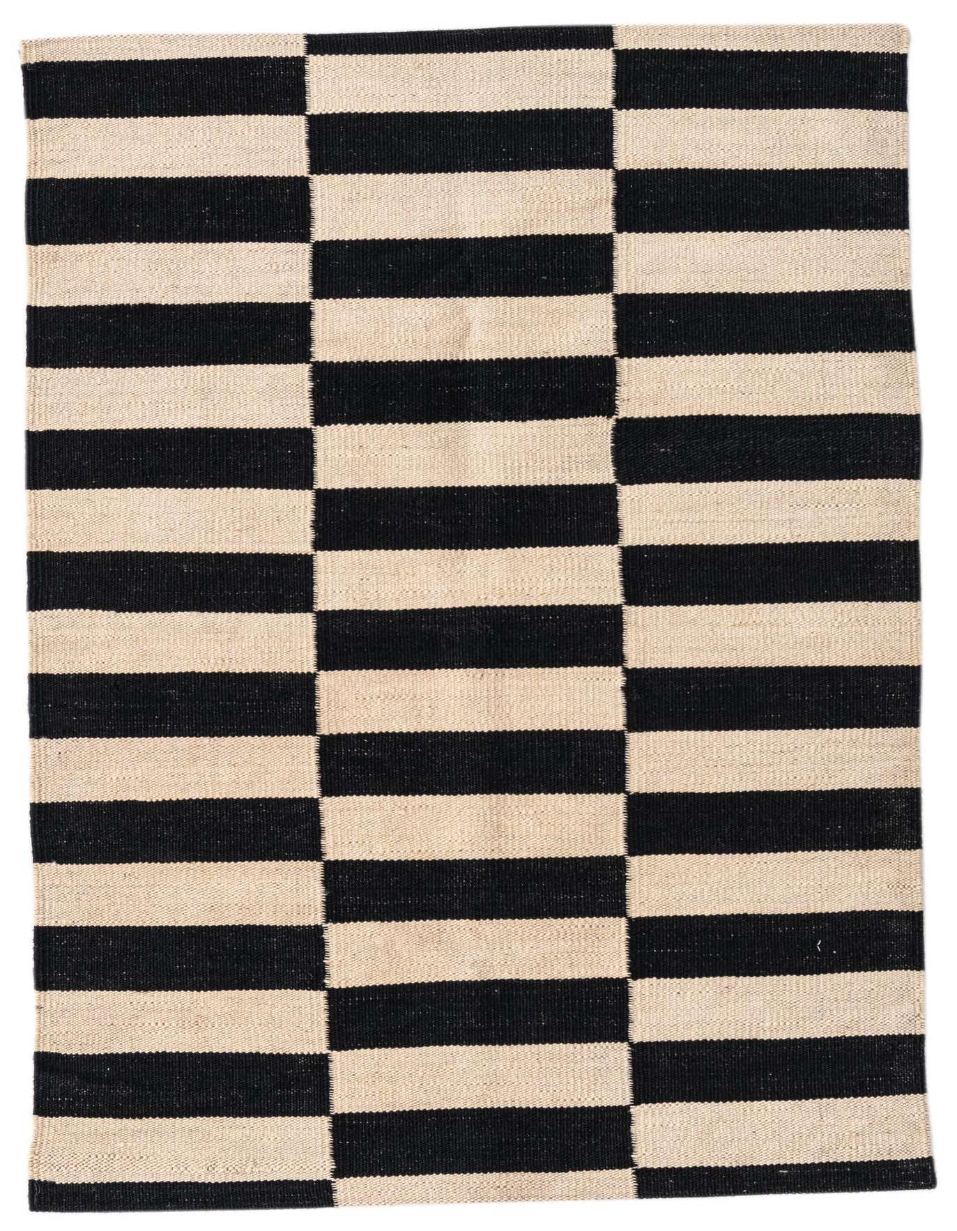 A 3x4 rectangular Kilim Modern rug with a bold black and ivory striped pattern, perfect for an indoor space.