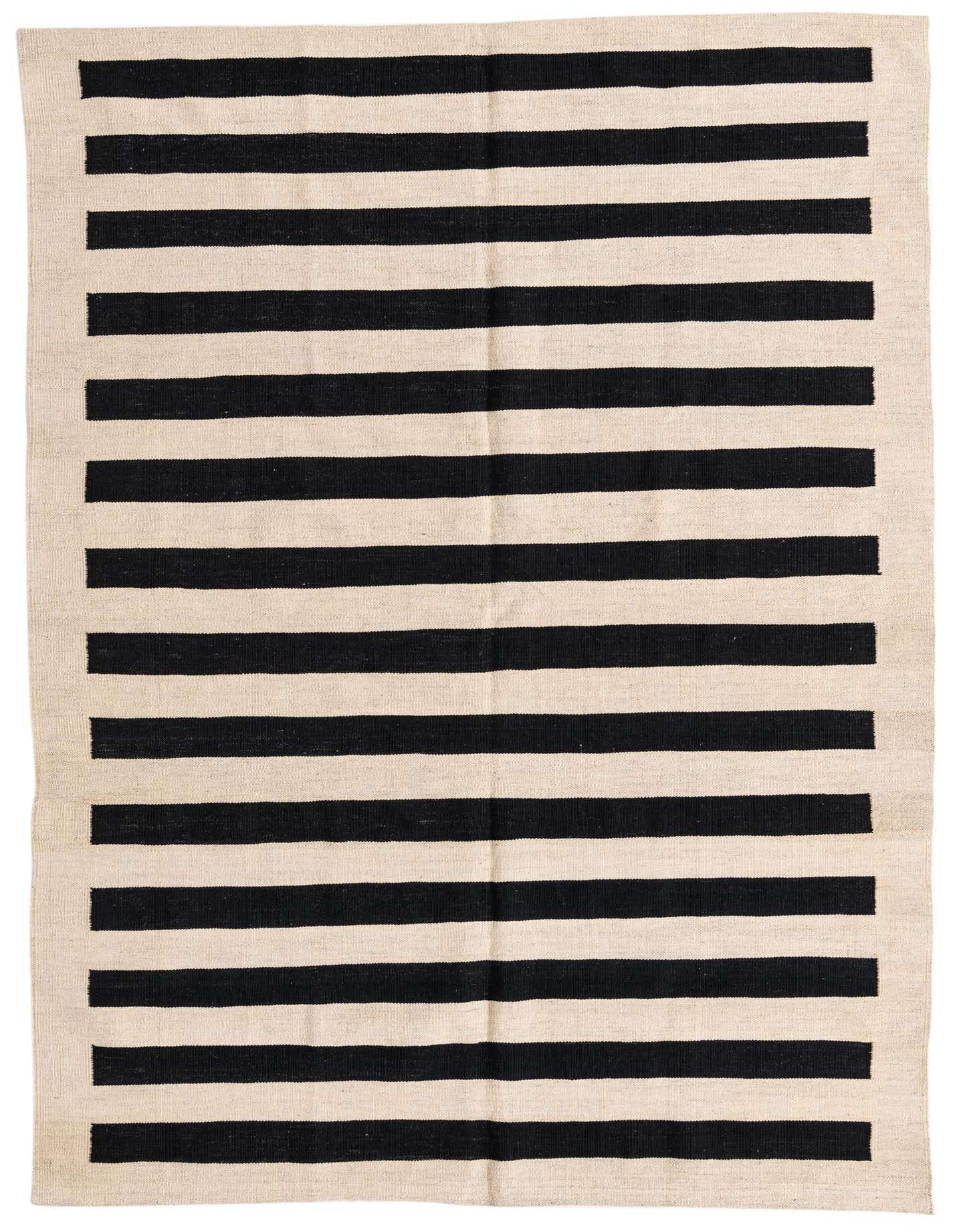 A 5x8 rectangular Kilim Modern rug with bold black and ivory horizontal stripes, made of 100% wool.