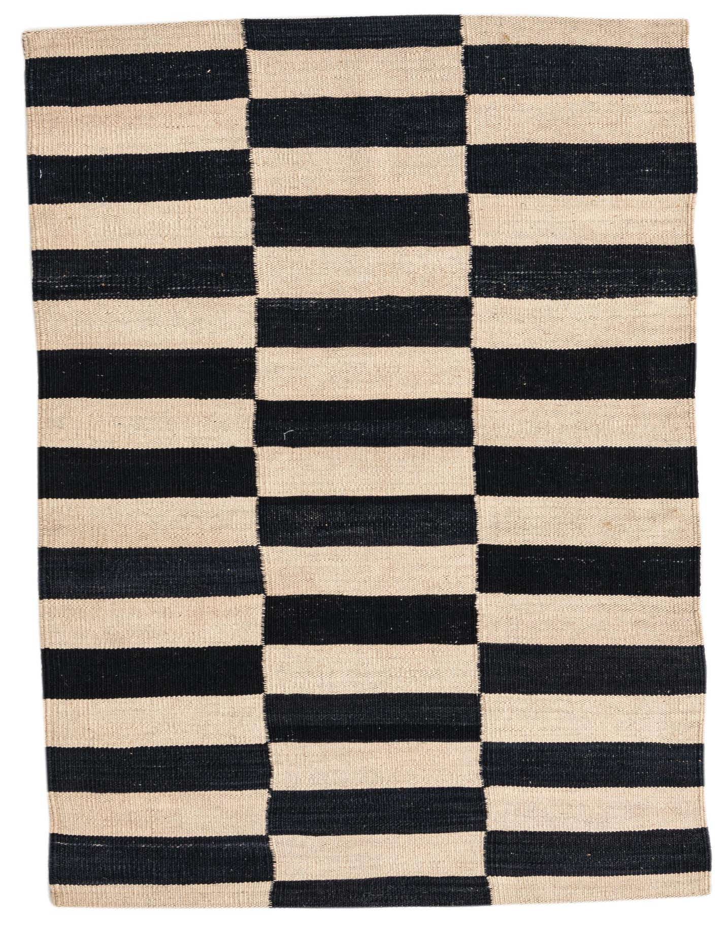 A 3x4 rectangular flatweave rug featuring a bold black and cream striped pattern, perfect for modern or tribal decor.