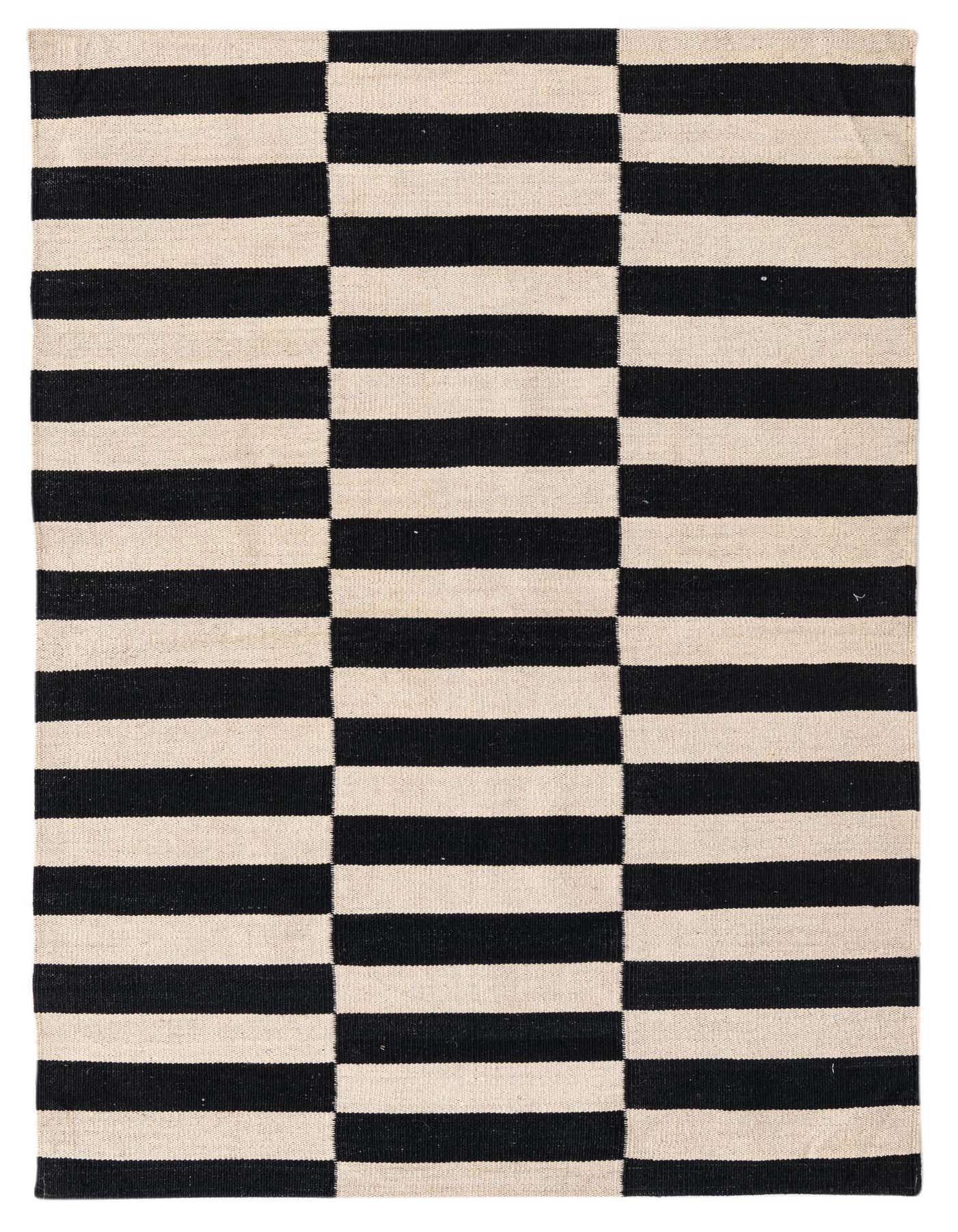 A 3x5 rectangular black and ivory flatweave rug with a modern tribal stripe pattern, suitable for a kitchen or entryway.