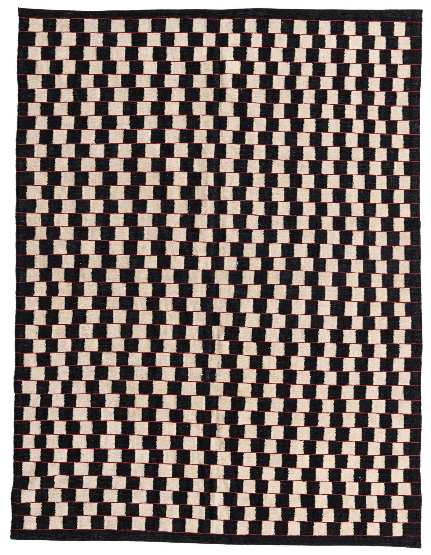 A 6x9 rectangular Kilim Modern rug with a bold black and ivory checkerboard pattern, featuring thin red accent lines between rows.