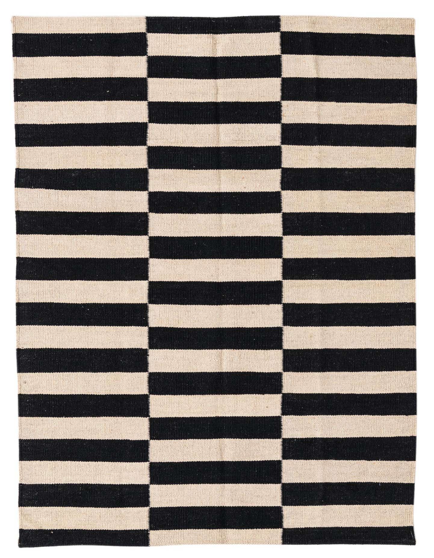 A 3x5 rectangular Kilim Modern rug with alternating horizontal black and cream stripes, perfect for an entryway.