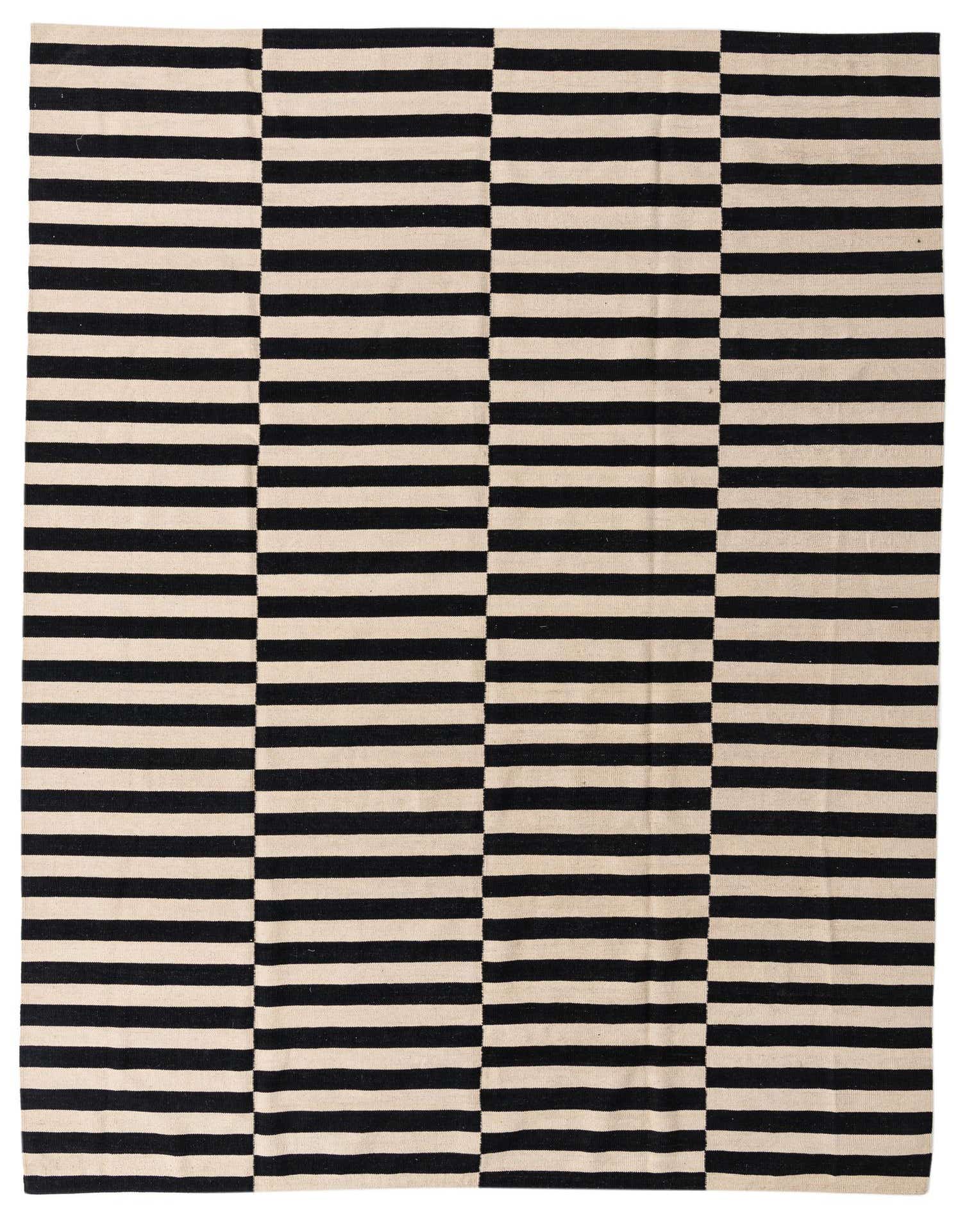 A rectangular 8x11 Kilim Modern rug featuring bold black and cream horizontal stripes in a tribal-modern pattern.