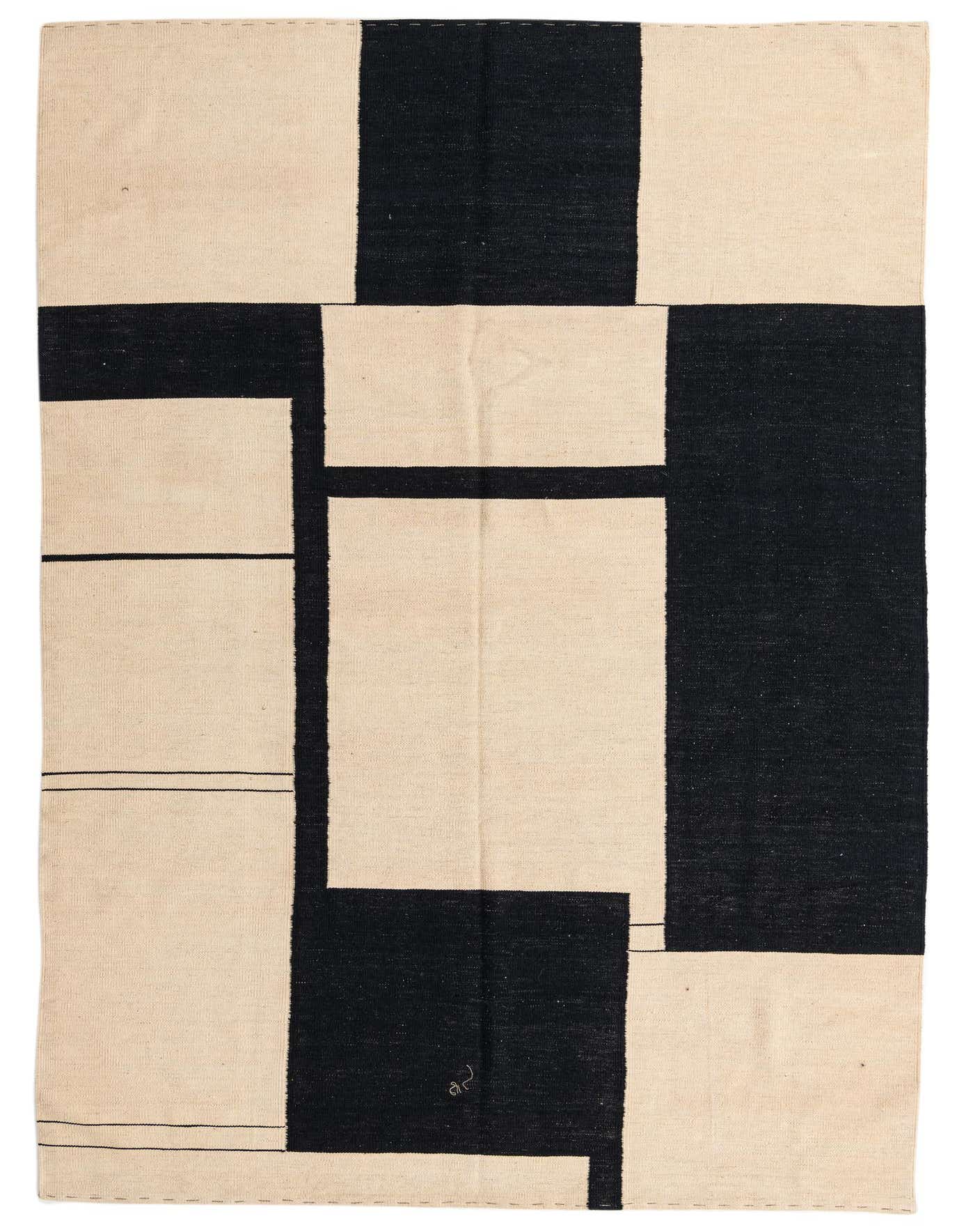 A 6x9 rectangular Kilim Modern rug with a bold abstract pattern of black and ivory blocks and lines.