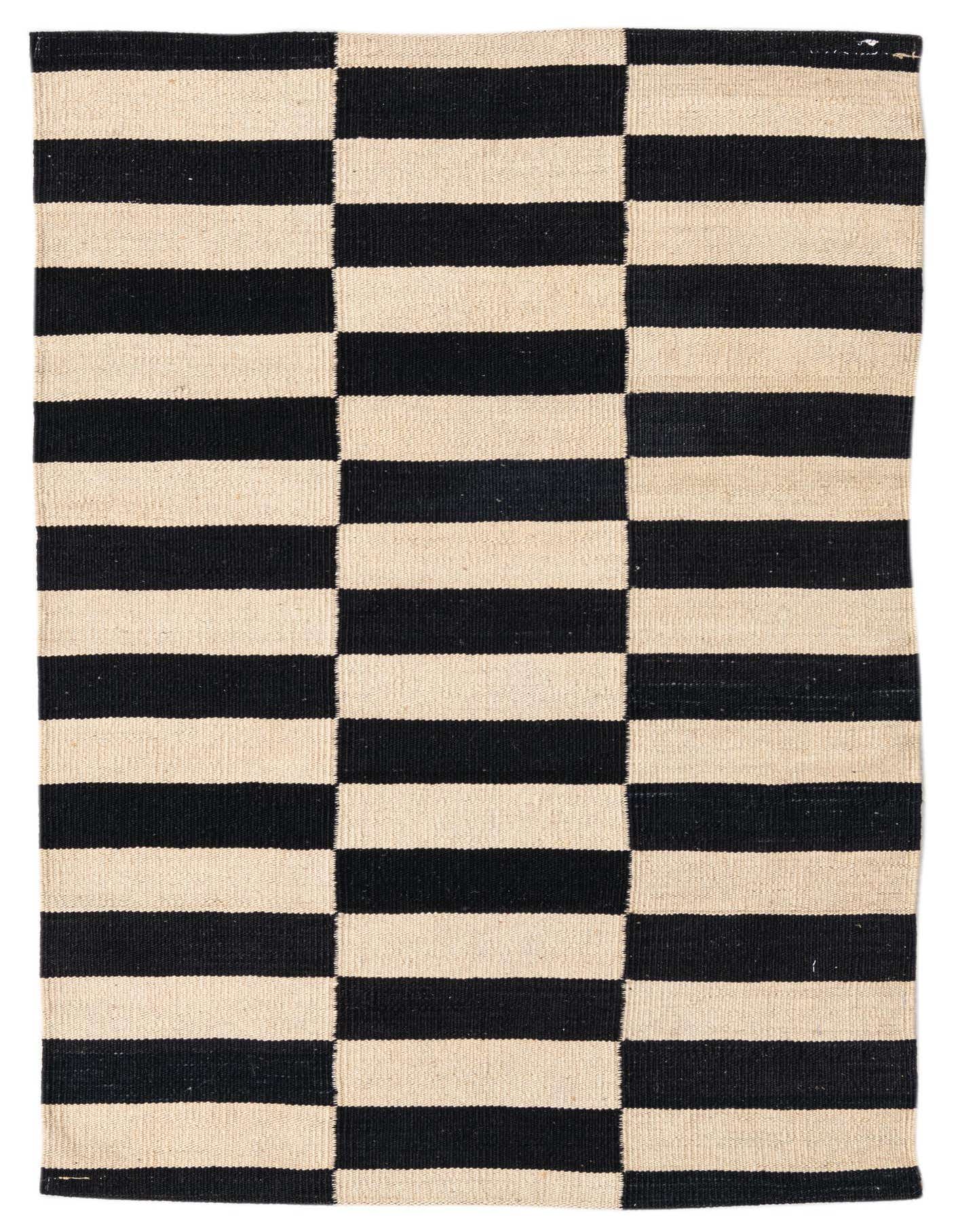 A 3x4 rectangular Kilim Modern rug with a bold black and cream striped, checkerboard pattern.