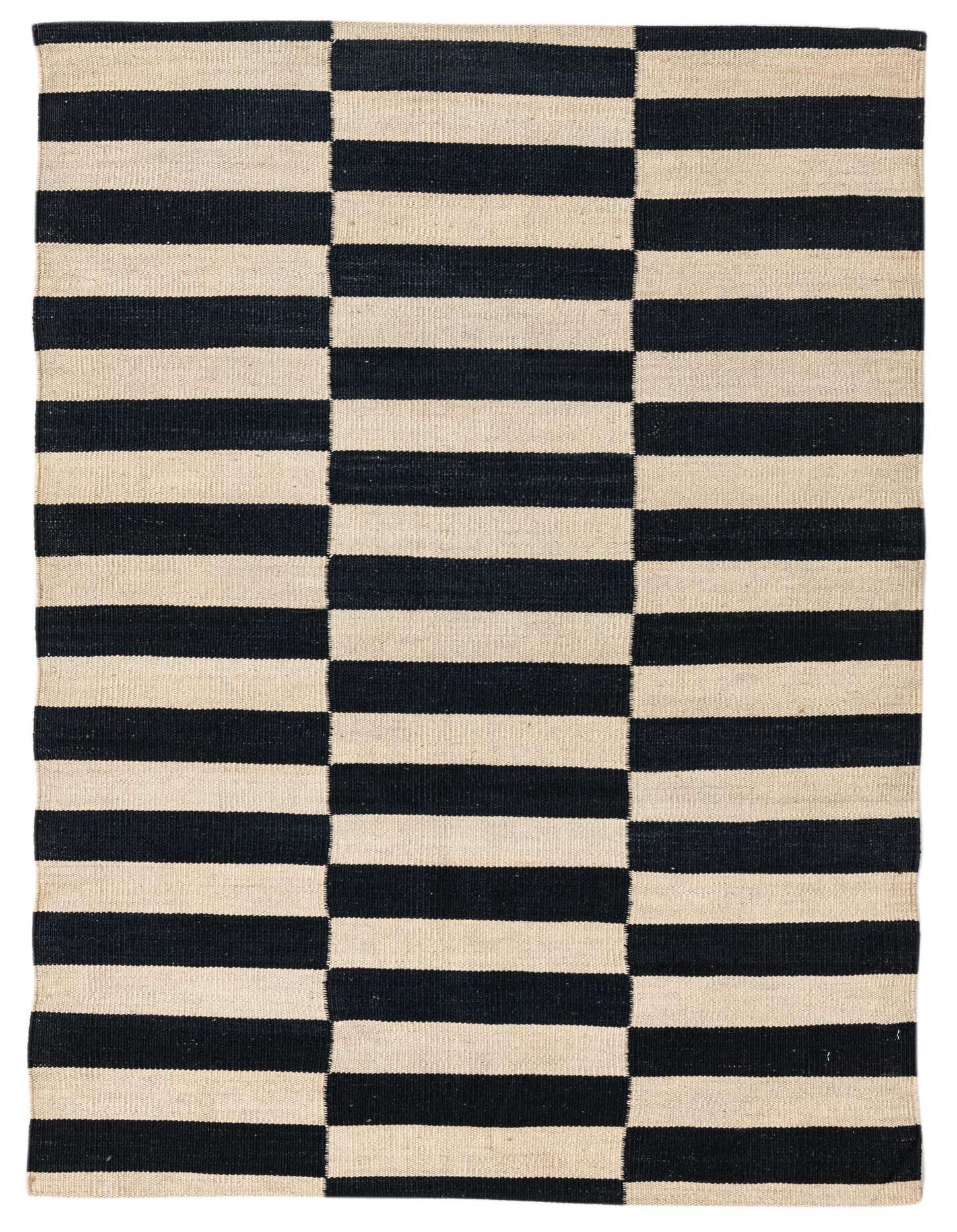 A 3x5 rectangular black and cream flatweave wool rug with a modern tribal stripe pattern.