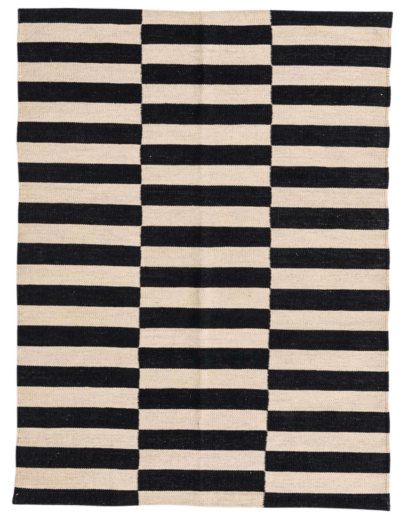 A 3x5 rectangular Kilim Modern rug with alternating black and ivory horizontal stripes, creating a bold, modern tribal pattern.