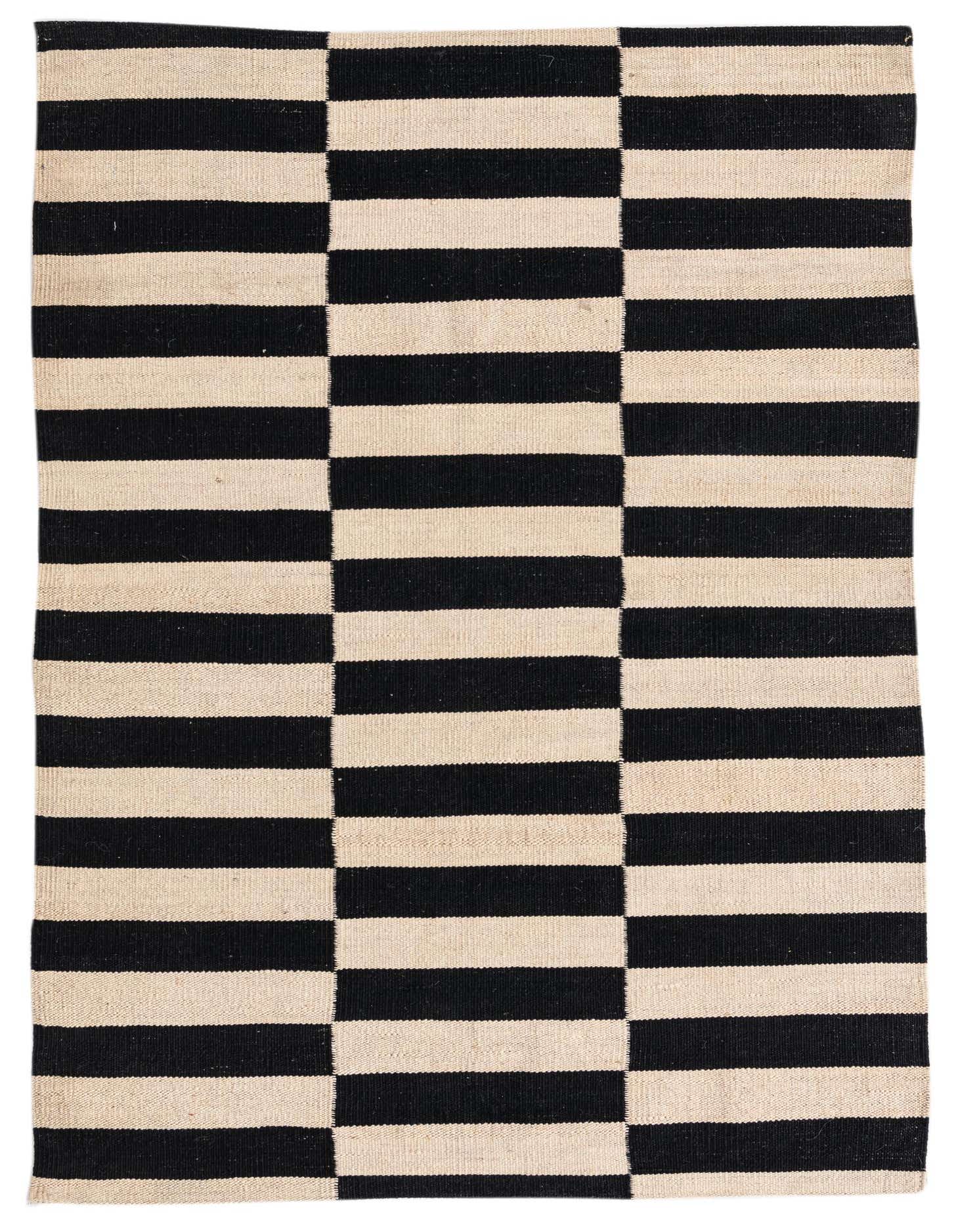 A 3x5 rectangular Kilim Modern rug with a bold black and ivory striped geometric pattern, ideal for an entryway.