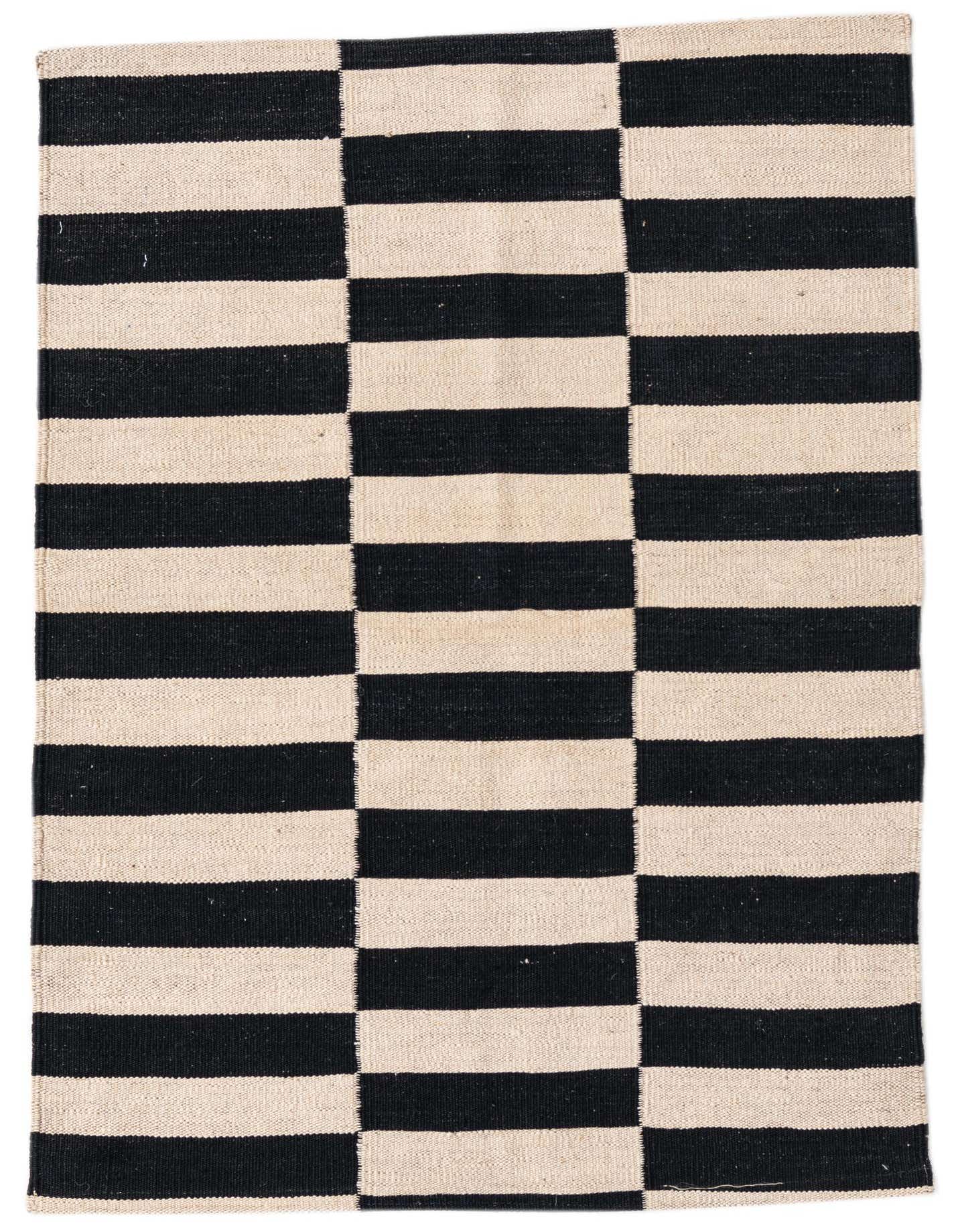 A 3x4 rectangular flatweave rug with a bold black and cream striped tribal pattern, suitable for modern indoor spaces.