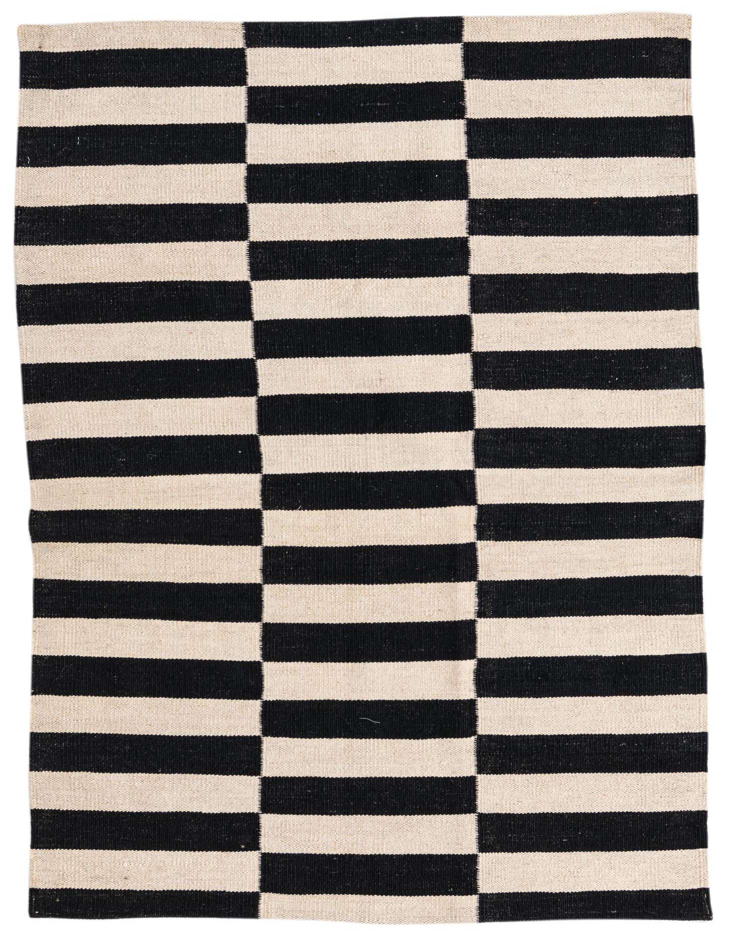 A 3x5 rectangular black and cream flatweave wool rug with a modern tribal stripe pattern.