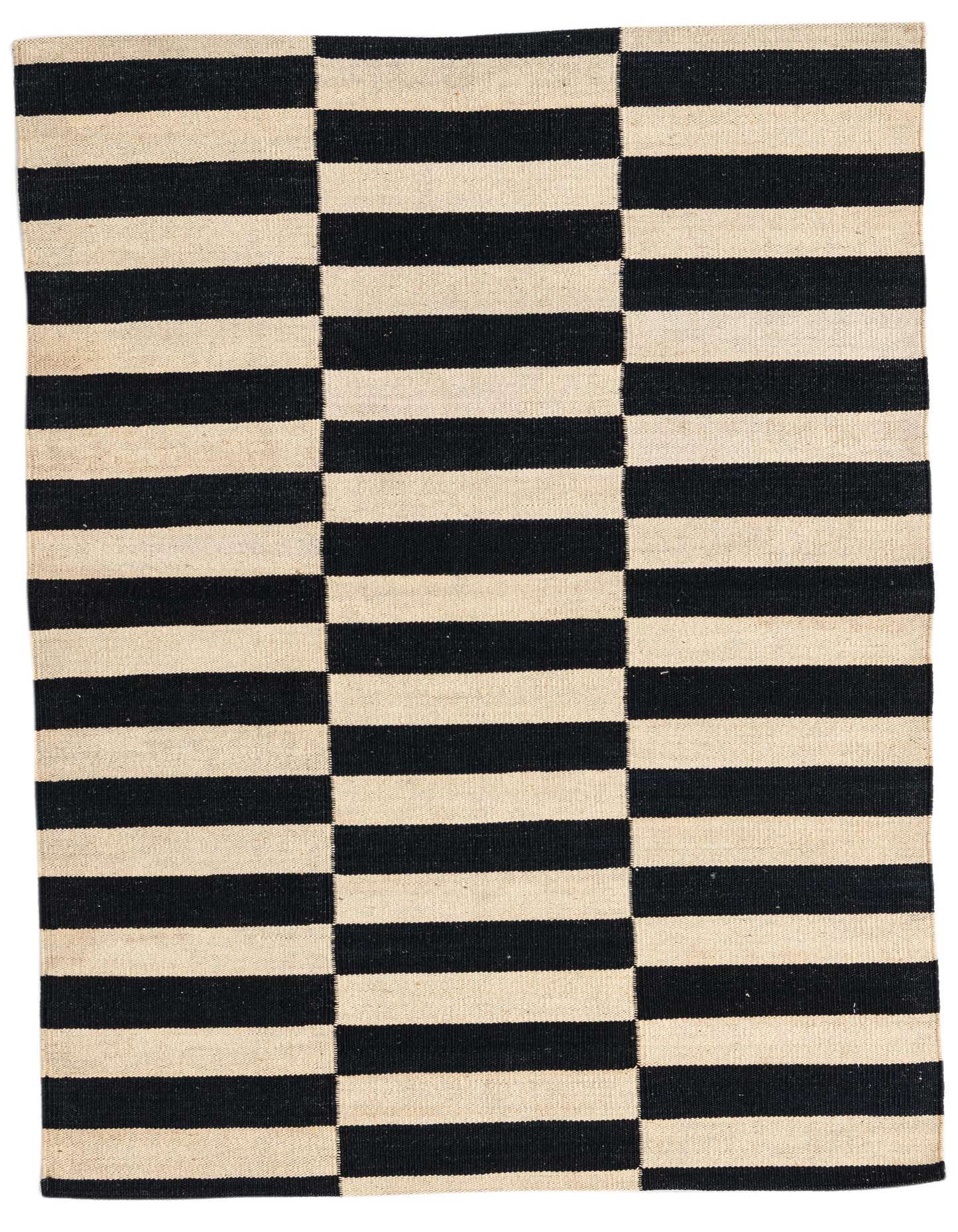 A 3x5 rectangular black and ivory flatweave wool rug with a modern tribal stripe pattern.