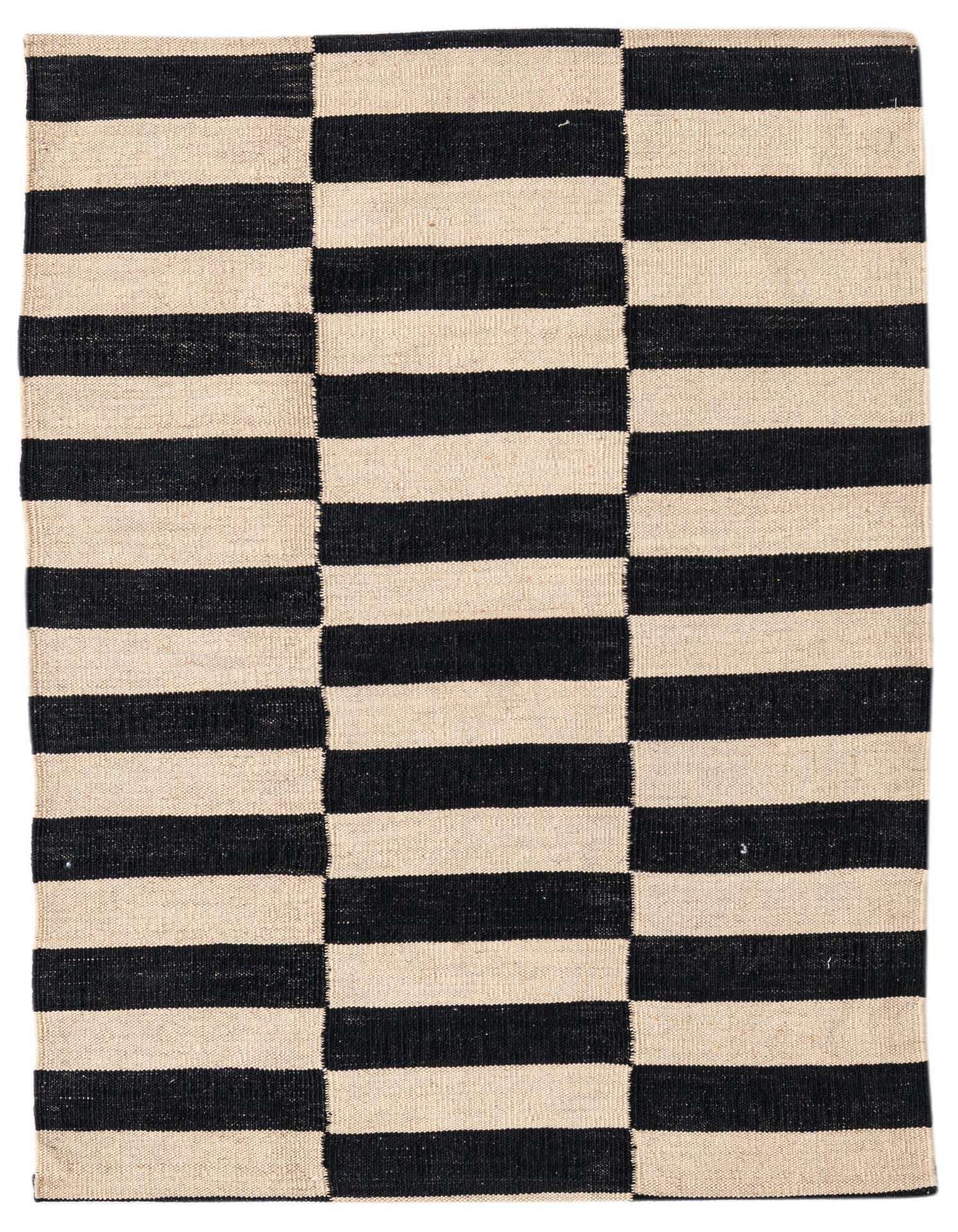 A 3x4 rectangular flatweave rug with a bold black and cream striped pattern, featuring alternating horizontal and vertical blocks.