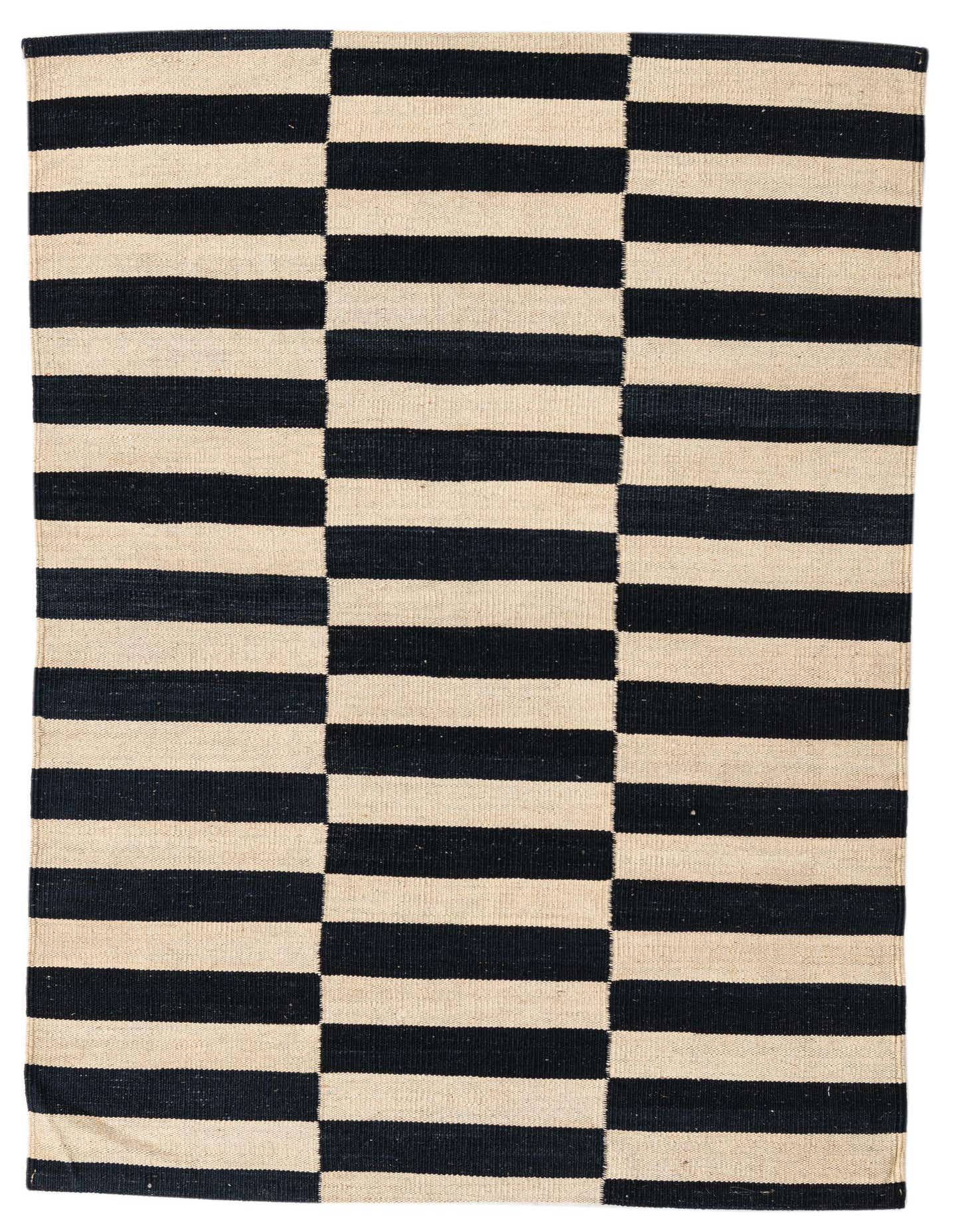 A 3x5 rectangular black and ivory flatweave wool rug with a modern tribal stripe pattern.