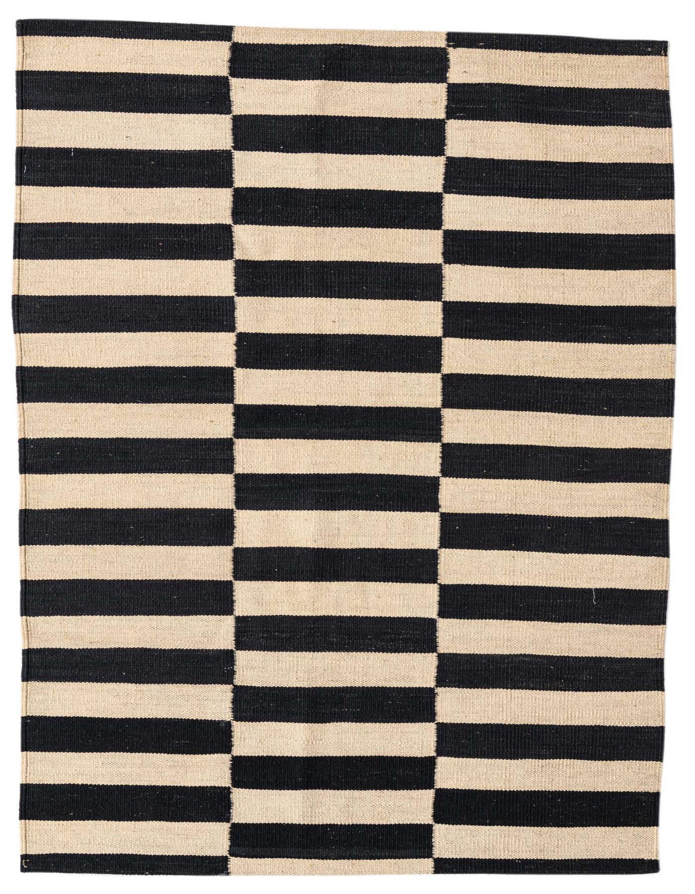 A 3x5 rectangular Kilim Modern rug with alternating black and cream horizontal stripes in a block pattern.