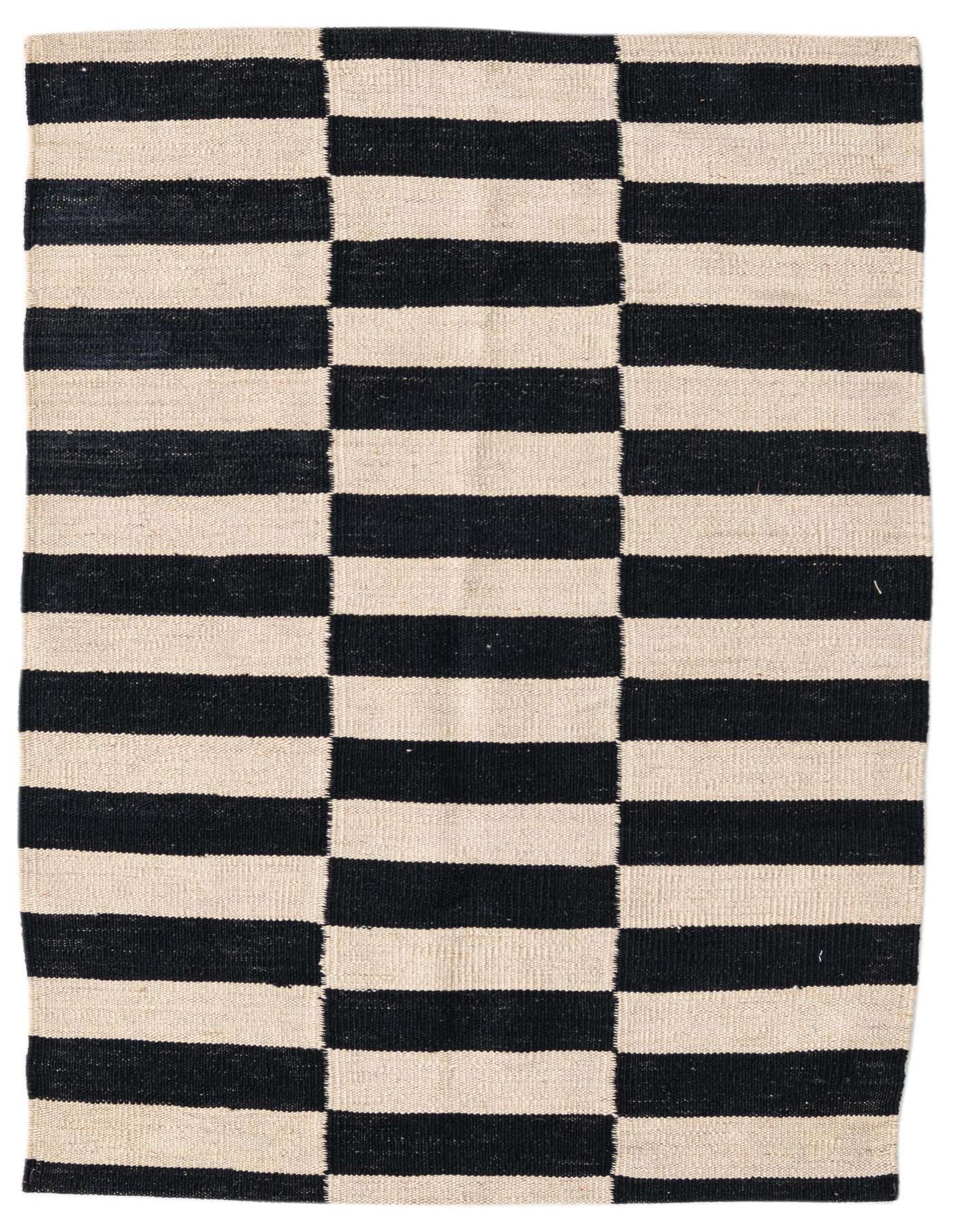 A 3x4 rectangular flatweave rug featuring bold black and cream horizontal stripes in a tribal, modern pattern.
