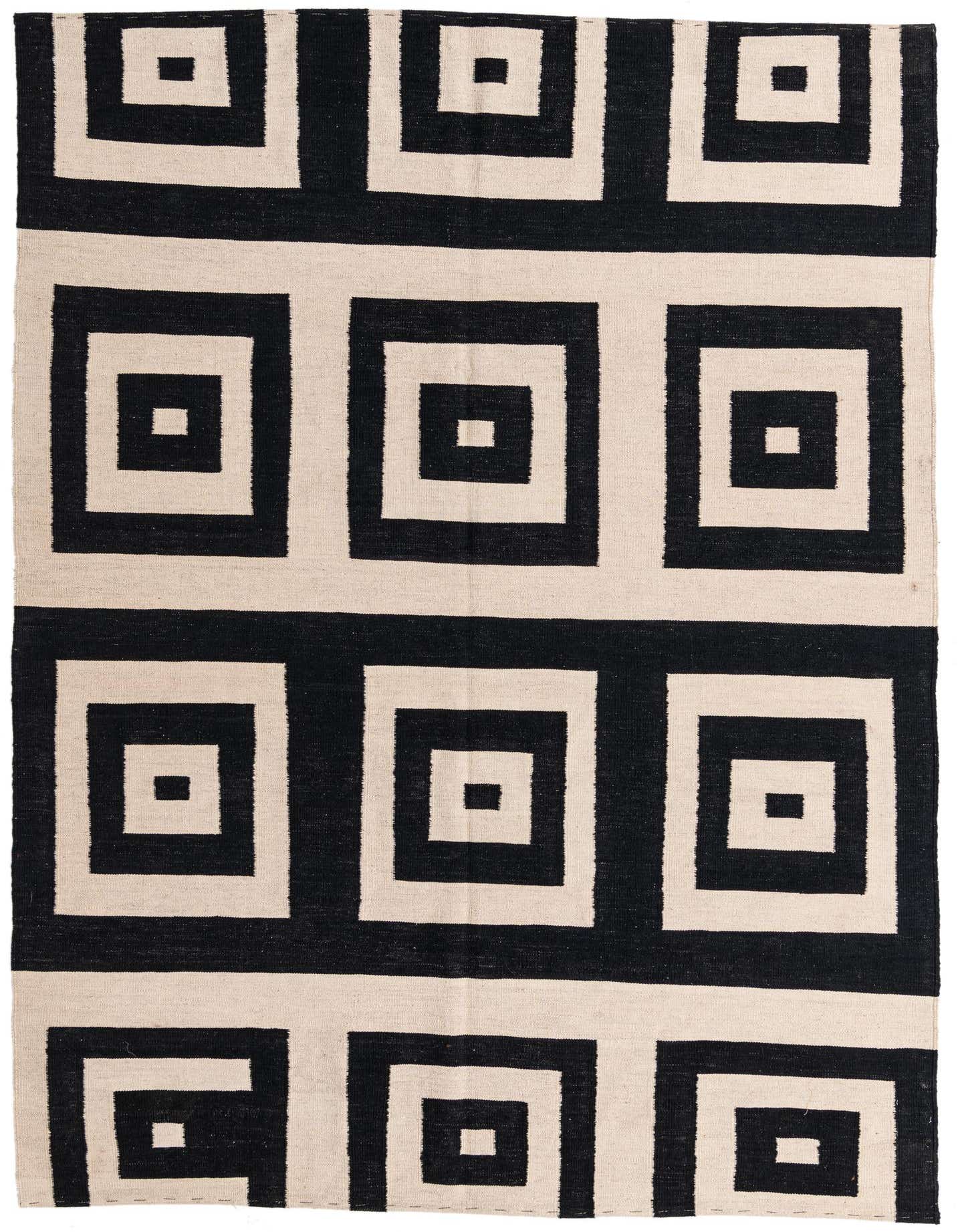 A 7x10 rectangular Kilim Modern rug featuring a bold black and ivory geometric square pattern, ideal for a living room.