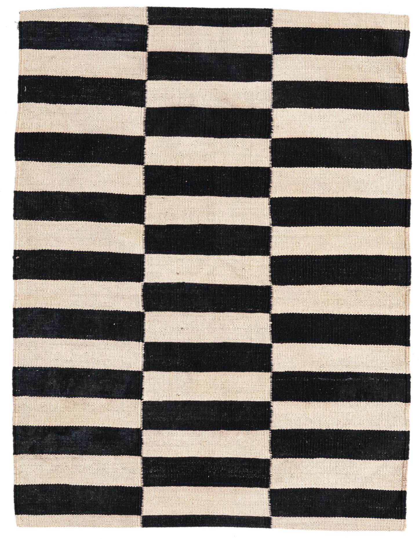 A 3x4 rectangular black and ivory flatweave wool rug with a bold, alternating horizontal stripe pattern.