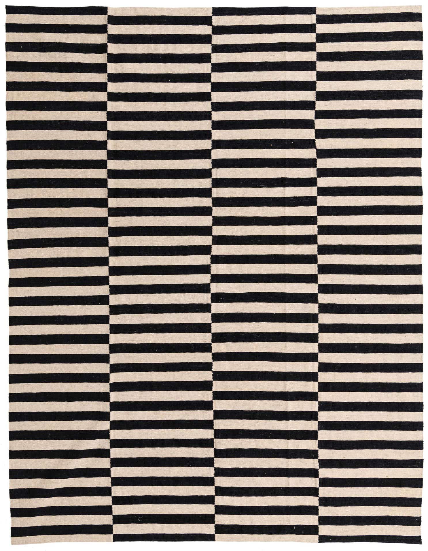 A rectangular 8x11 Kilim Modern rug featuring alternating black and cream horizontal stripes in a tribal-modern pattern.