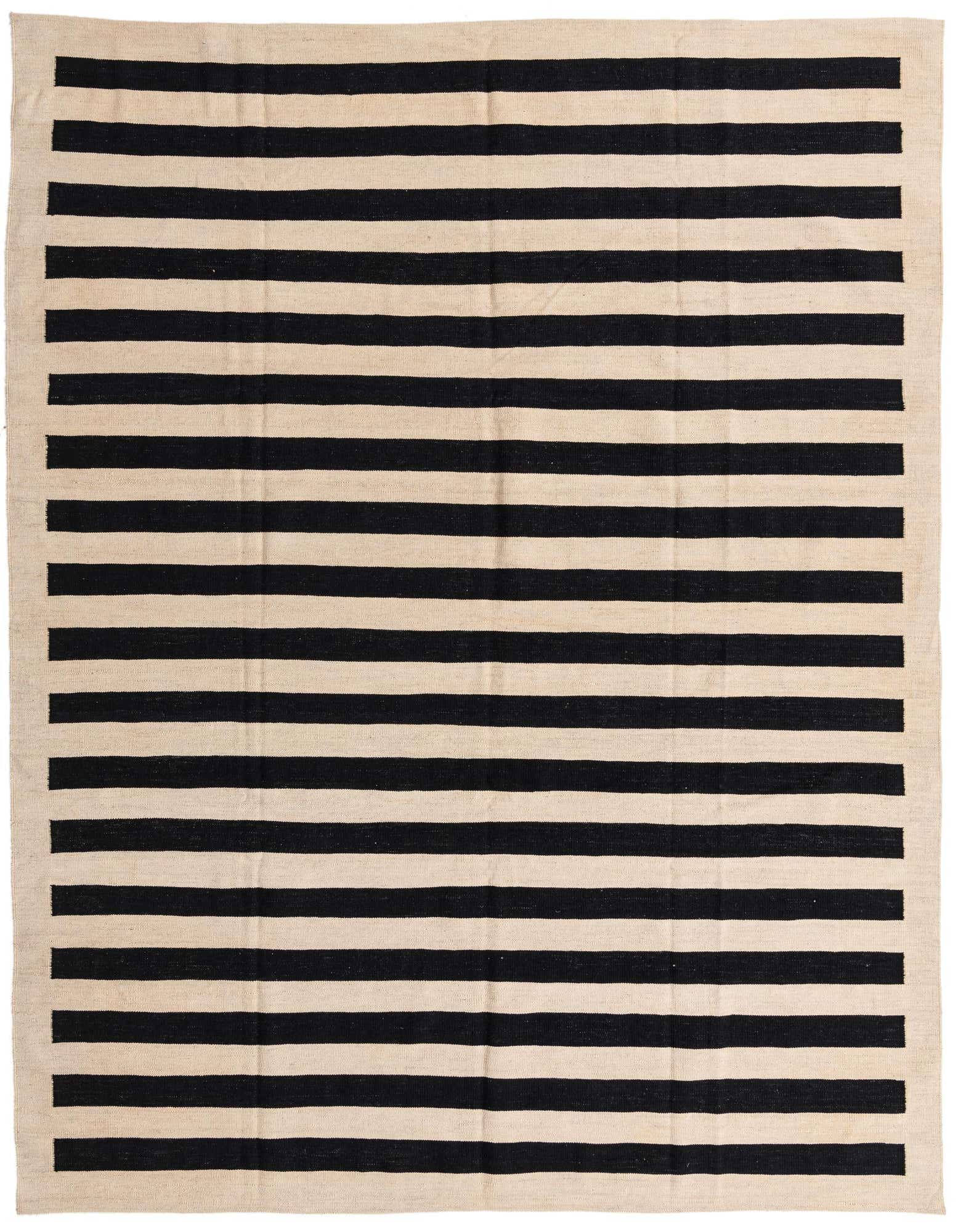 An 8x10 rectangular flatweave rug featuring bold black and cream horizontal stripes, perfect for a modern living room.