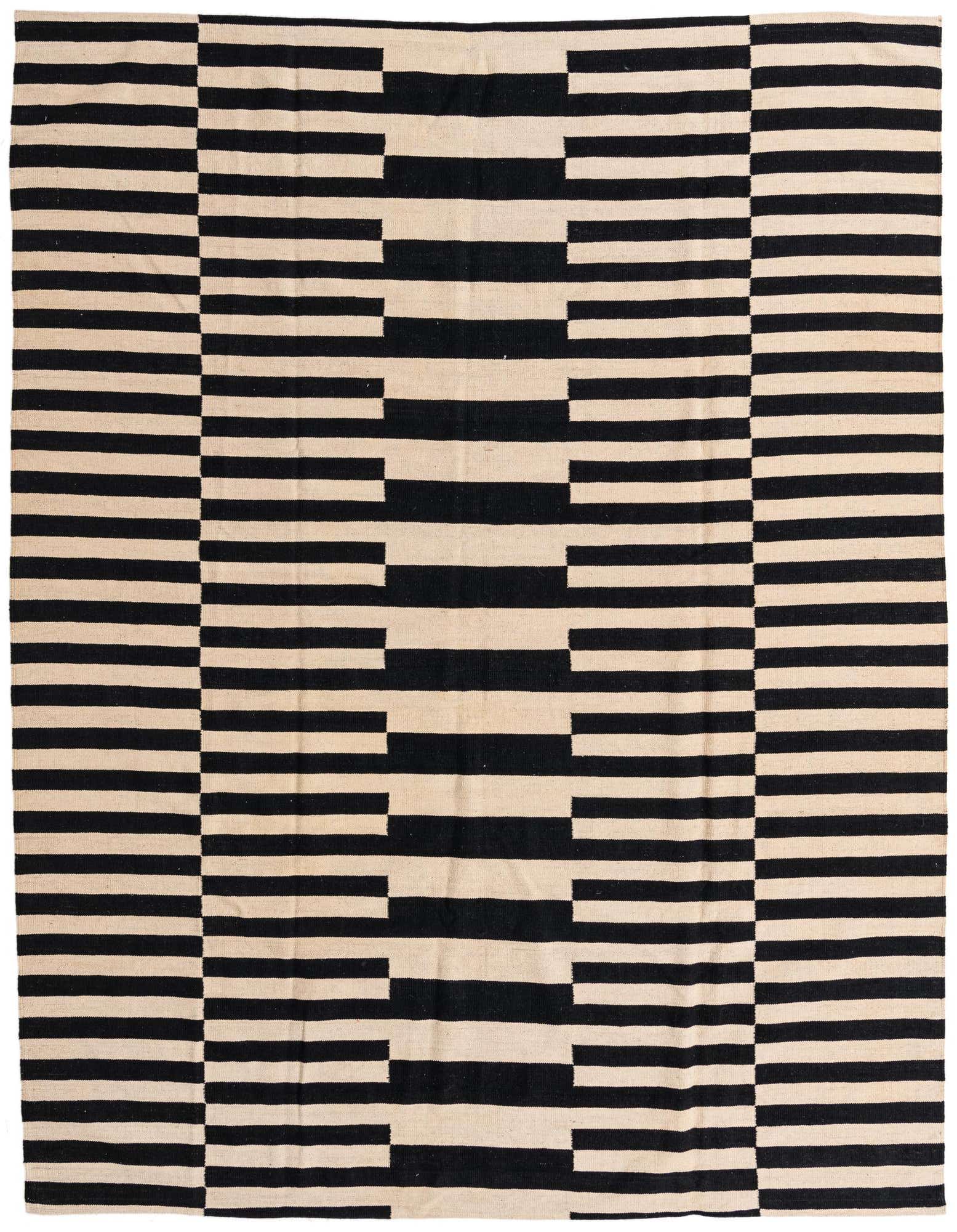 An 8x10 rectangular flatweave rug with a modern tribal stripe pattern in black and ivory.