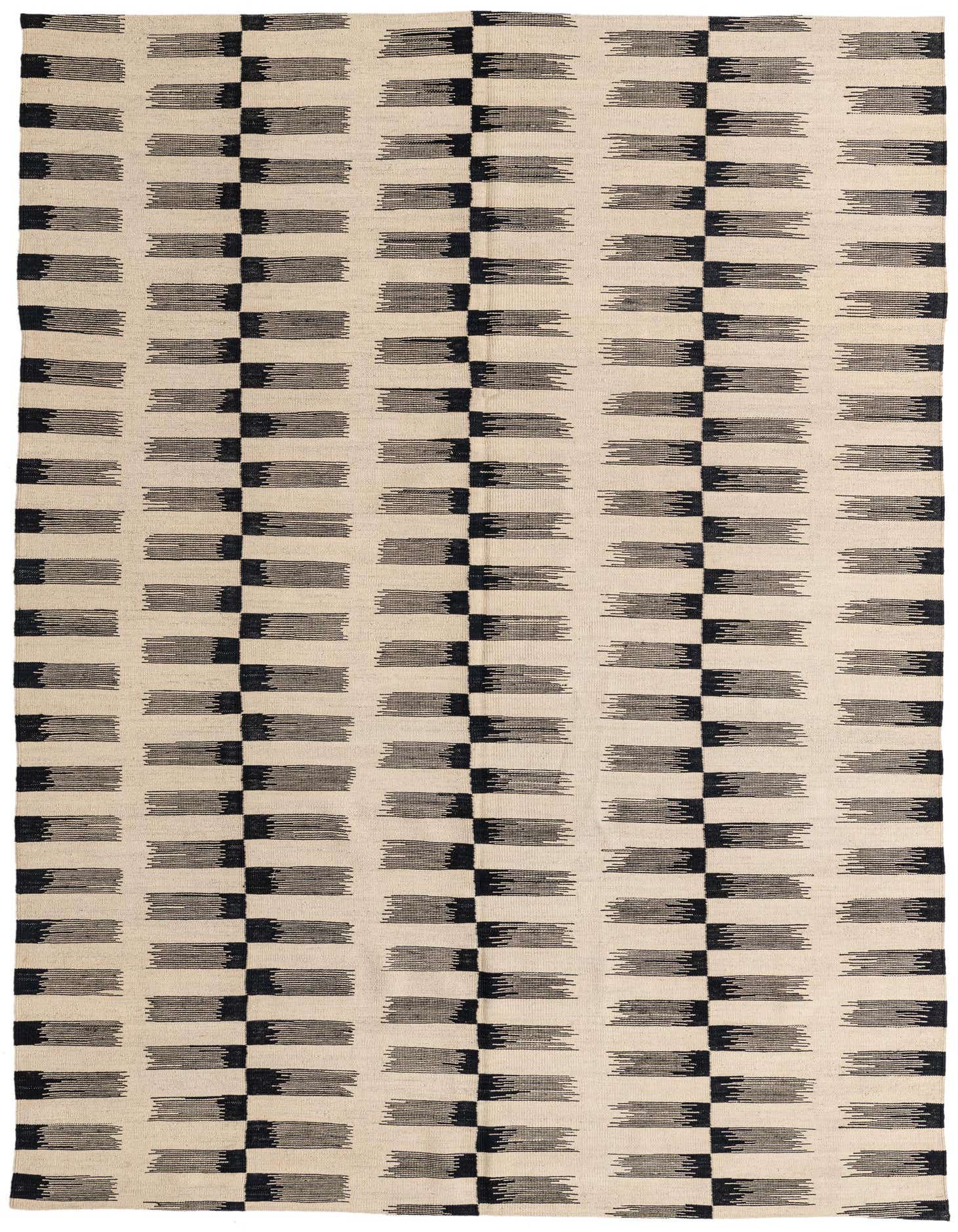 A 7x10 rectangular flatweave Kilim Modern rug featuring a tribal stripe pattern in black and ivory.