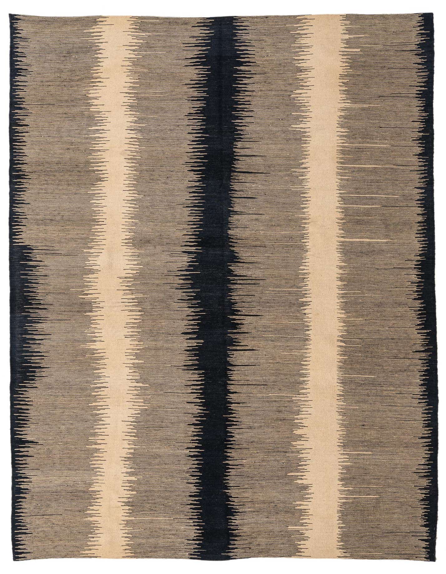 A 7x10 rectangular flatweave Kilim Modern rug featuring bold black and cream vertical ikat stripes, suitable for a living room.