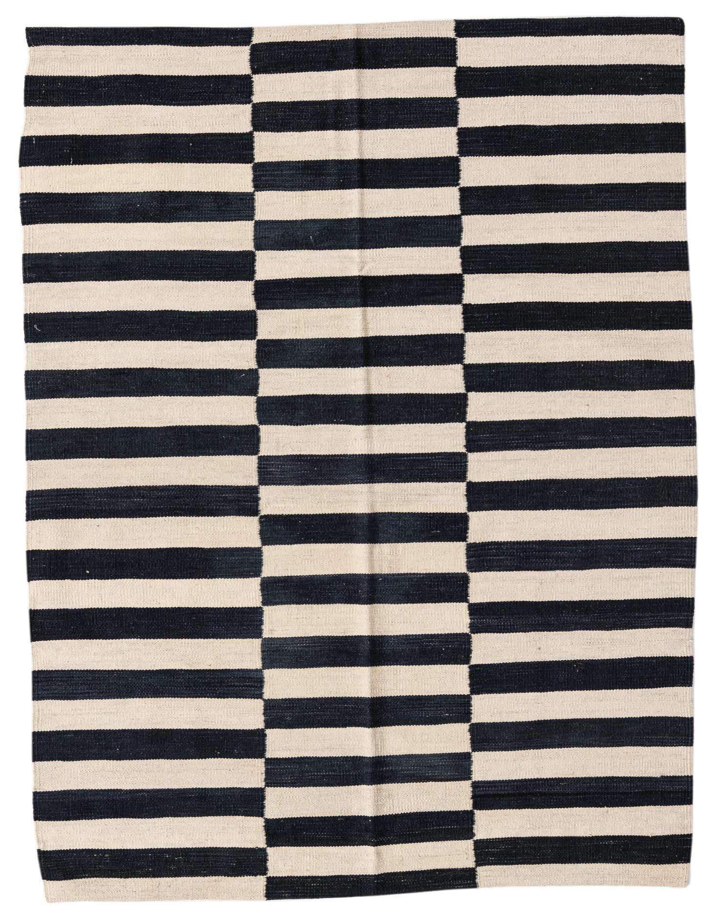 A 4x6 rectangular flatweave rug featuring bold black and cream horizontal stripes in a modern tribal pattern.