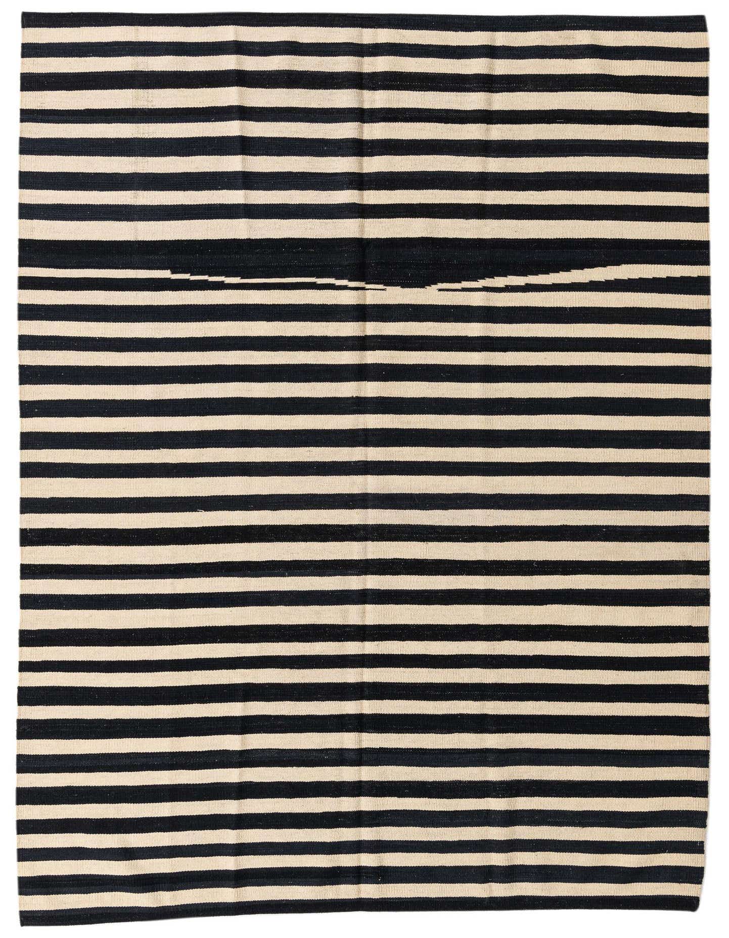 A 6x9 rectangular Kilim Modern wool rug with horizontal black and cream stripes, featuring subtle tribal patterns within some black bands.