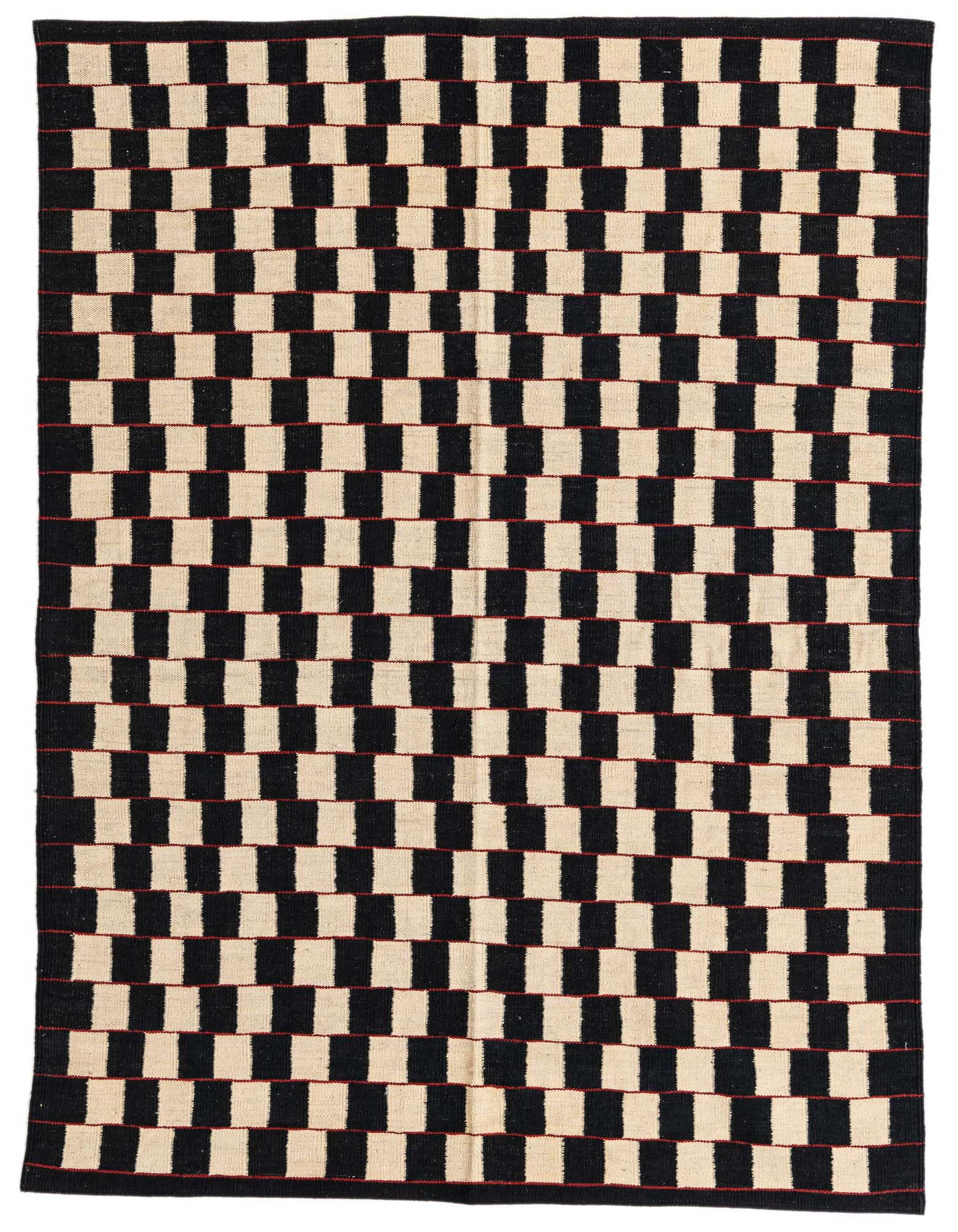 A 5x8 rectangular black and ivory flatweave wool rug with a modern tribal checkerboard pattern and subtle red accents.