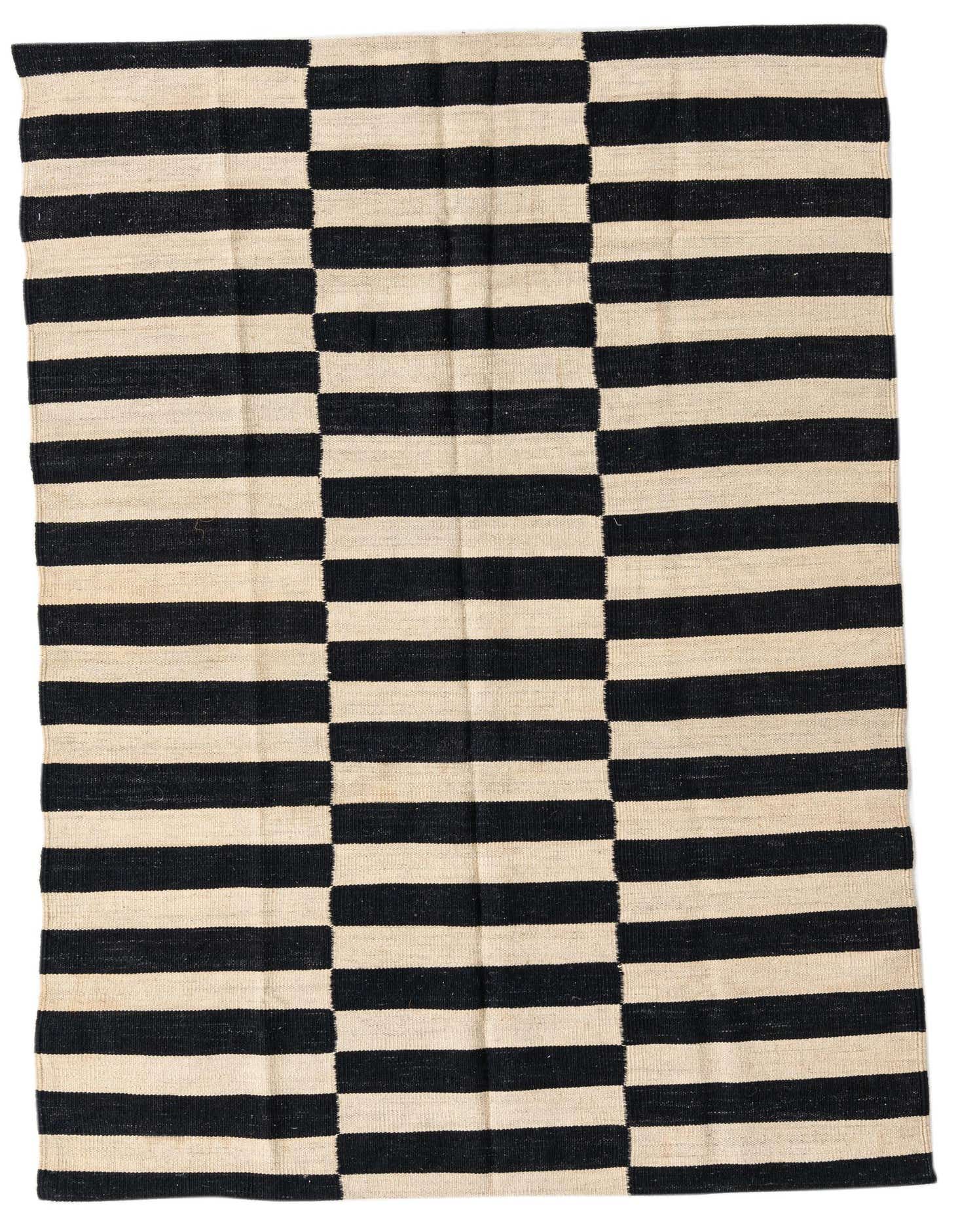 A 4x6 rectangular flatweave rug featuring a bold tribal stripe pattern in black and ivory, suitable for a modern living space.