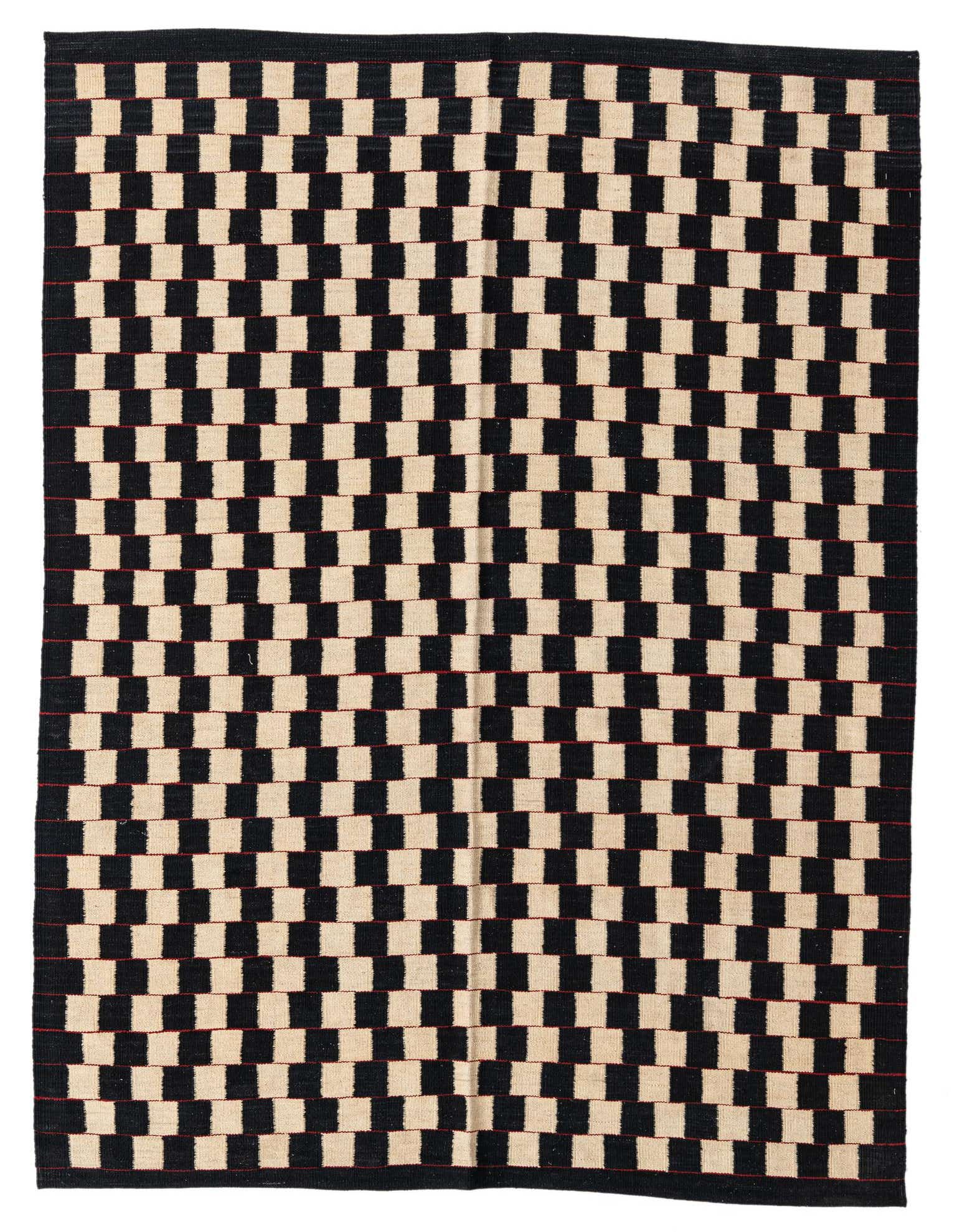 A 5x8 rectangular black and cream flatweave wool rug with a repeating checkerboard pattern, suitable for a modern living room.