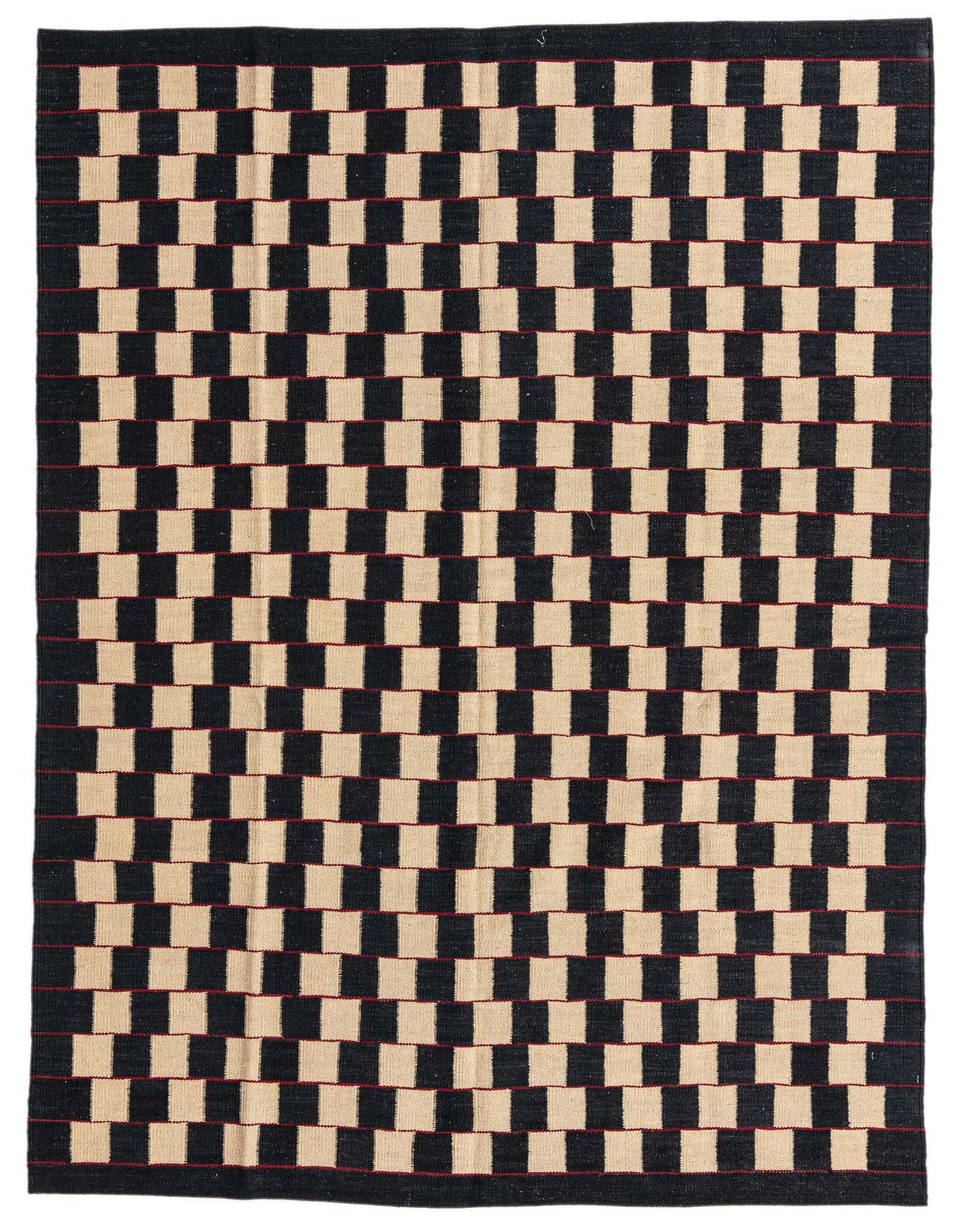 A 5x8 rectangular black and ivory flatweave wool rug with a modern tribal checkerboard pattern.
