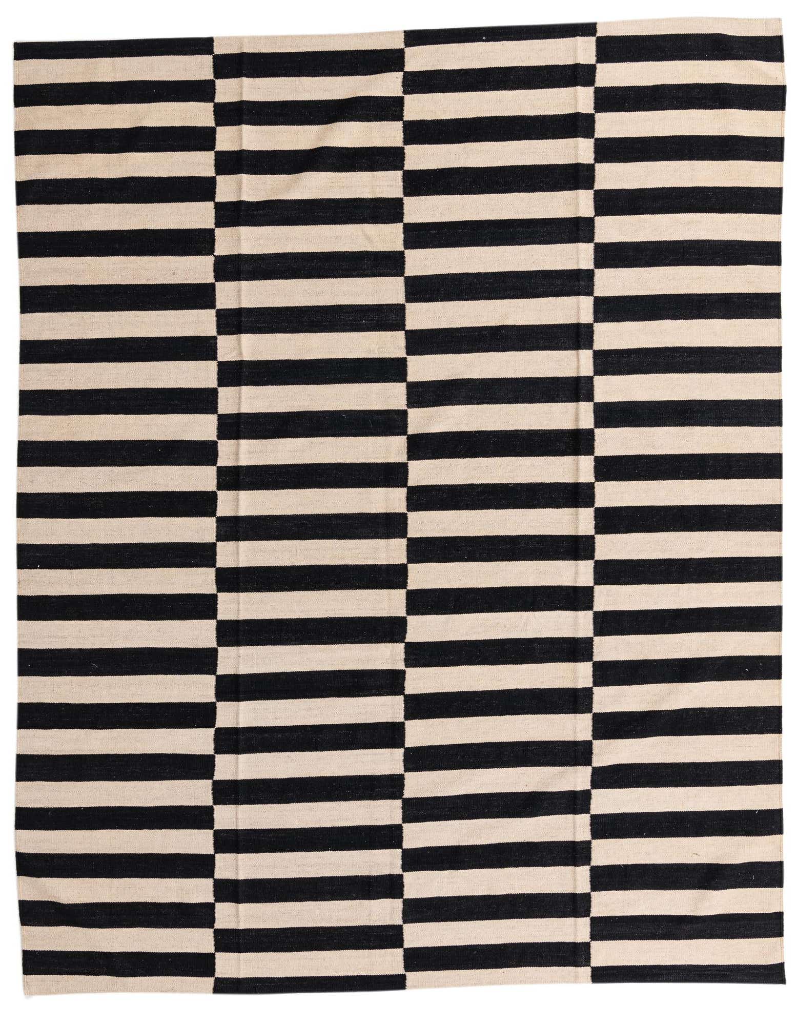 An 8x10 rectangular flatweave rug with alternating black and cream horizontal stripes, creating a modern tribal pattern.
