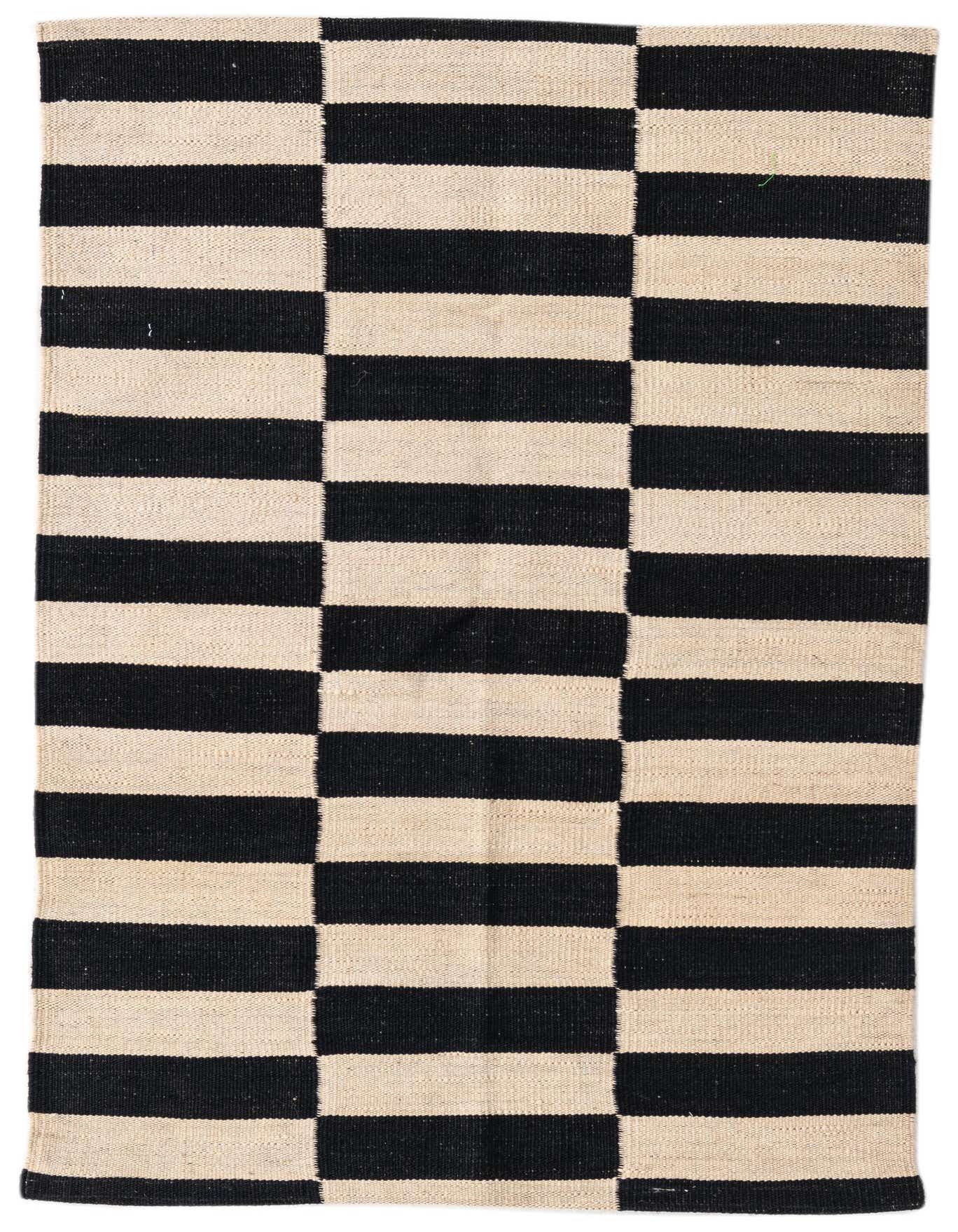 A 3x4 rectangular Rugs.com Kilim Modern rug with a bold black and cream stripe pattern, handmade flatweave.