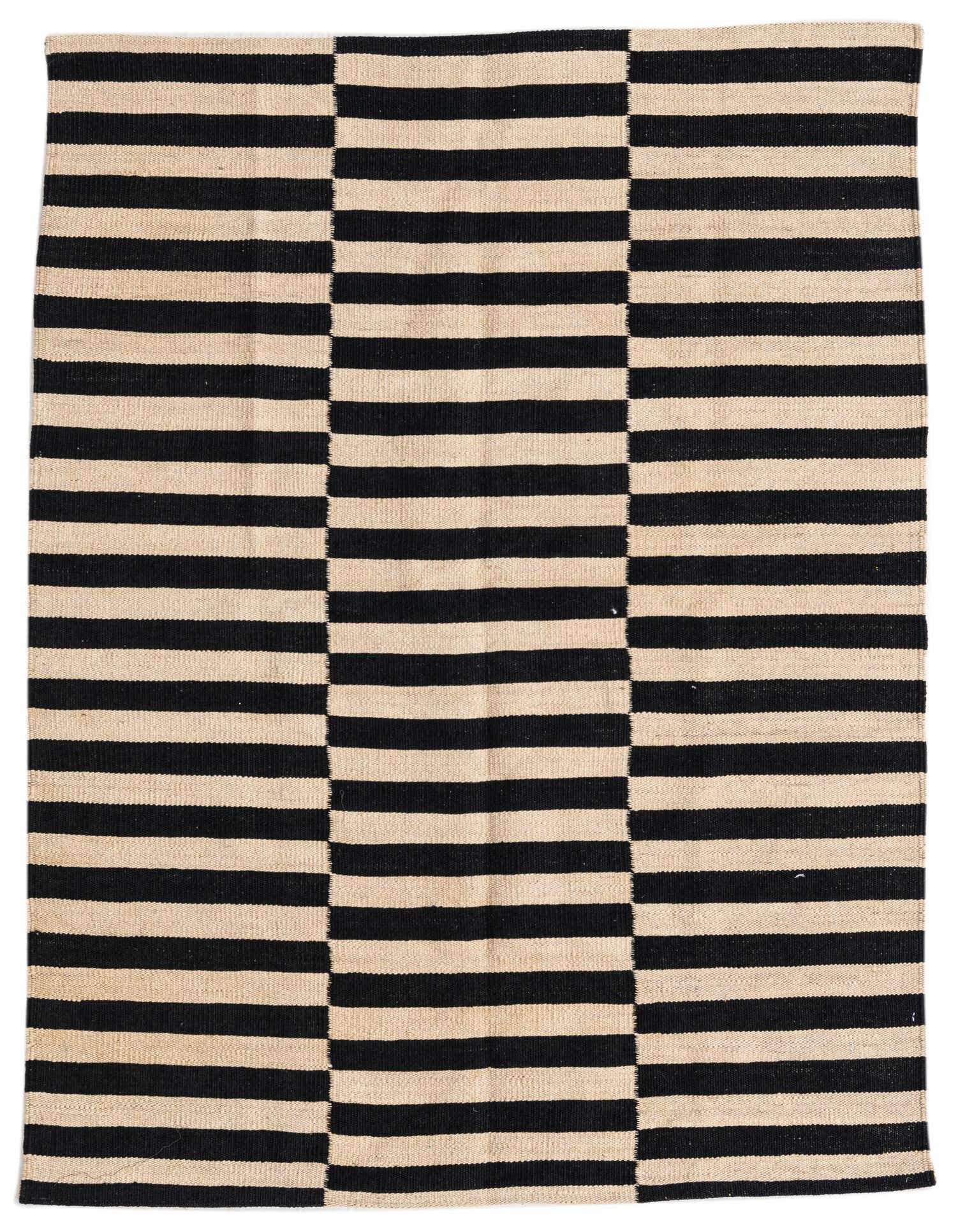 A 3x5 rectangular Kilim Modern rug with a bold black and ivory striped pattern, ideal for a modern living room.